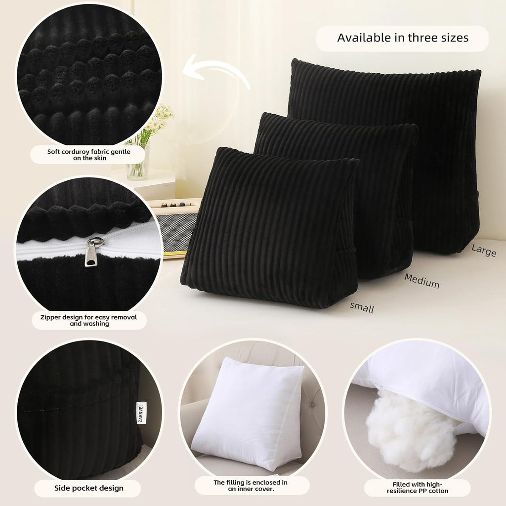 Corduroy Wedge Reading Pillow for Bed, 3 Sizes, 4 Colors for Bed, Sofa, Office Chair (Black, Large 24 * 20 * 8in)