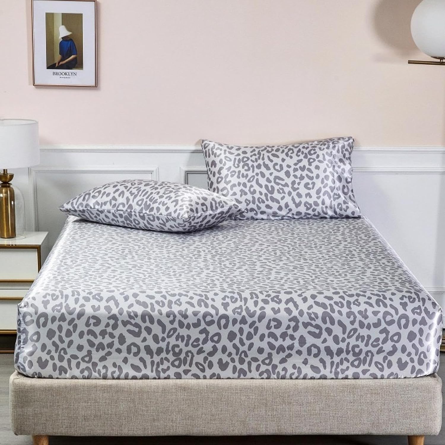 Lcbd Satin Pillowcase King Size for Hair and Skin, Silvergrey Leopard Printed Pillow Cases Set of 2, Silky Cheetah Print Pillow Covers with…