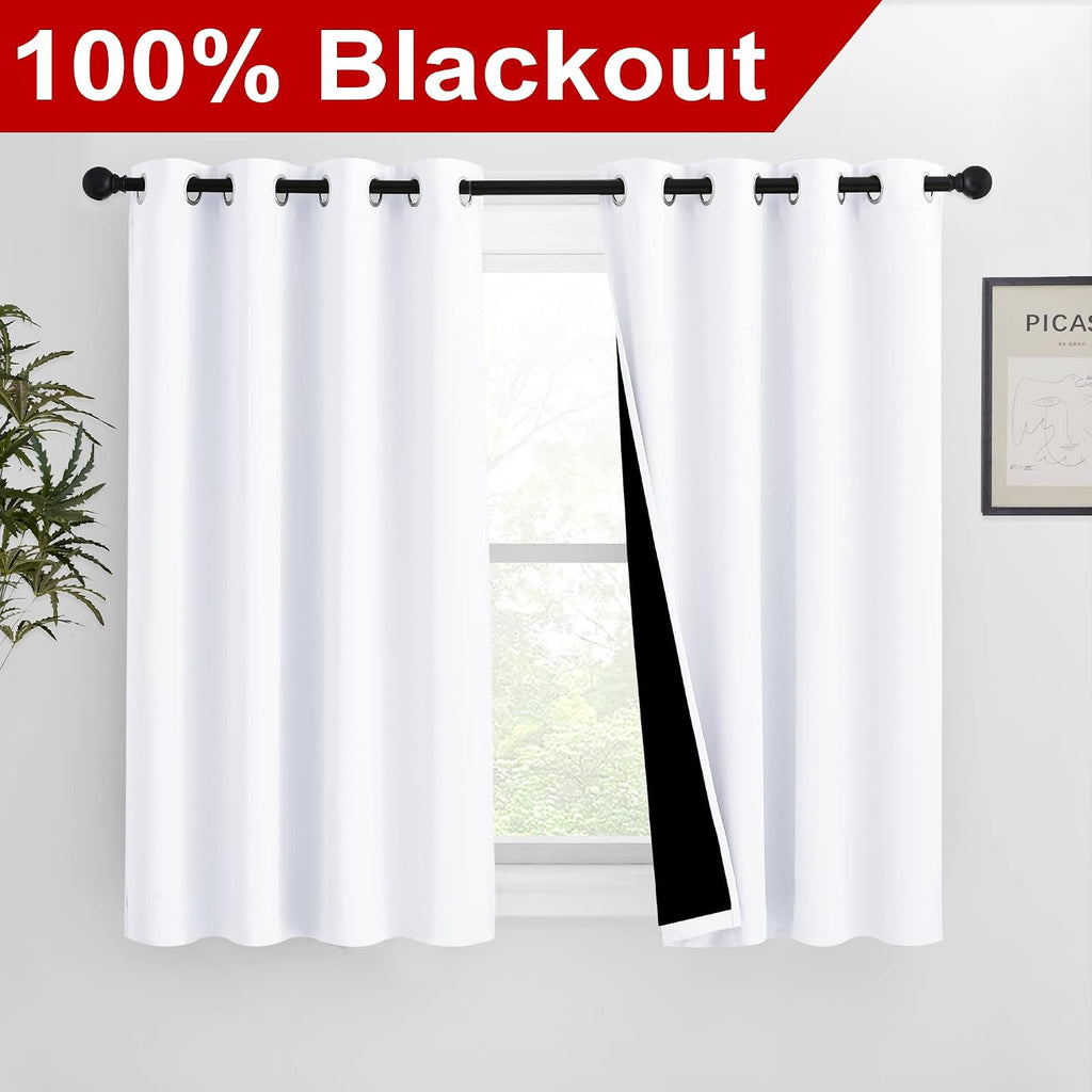 Nicetown White 100% Blackout Curtains for Windows, Pack of 2, 46" W x 45" L, Super Heavy-Duty Black Lined Total Darkness Drapes for Bedroom…