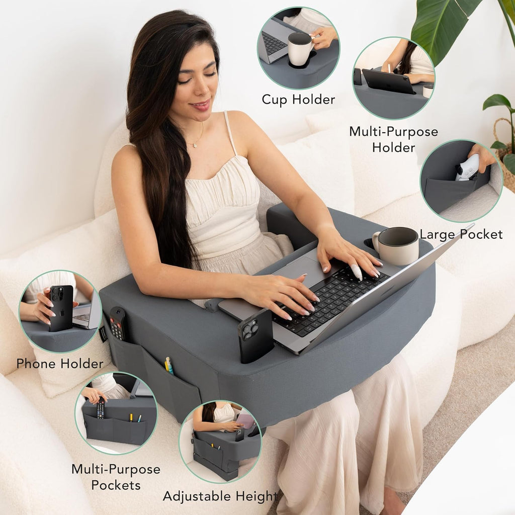 TabCouchCaddy Reading Pillow for Gaming – Extra Large Lap Desk & Arm Rest with Cup & Phone Holder, Adjustable Heights, Laptop Support…