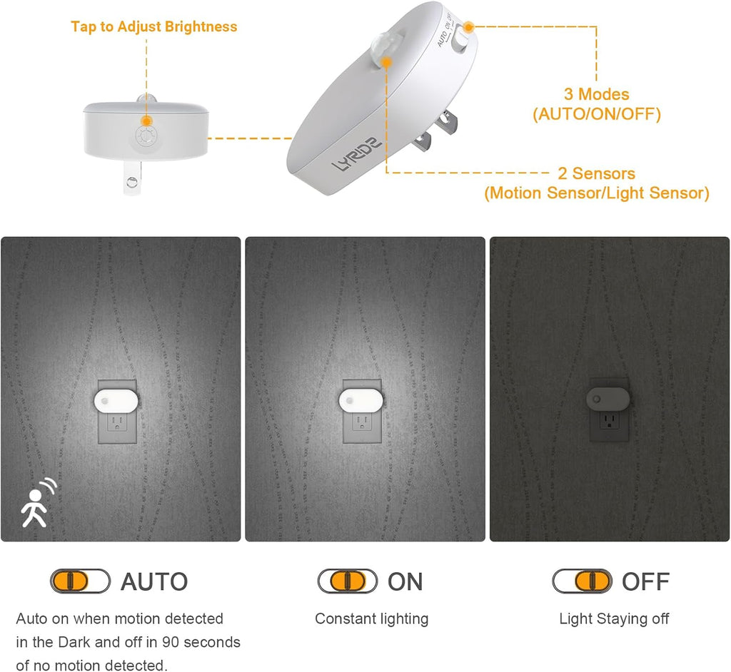 Lyridz 120LM Ultra Bright Plug-in Motion Sensor Night Light, Stepless Dimmable LED Nightlight, Always-On and Auto-Off, for Hallway…