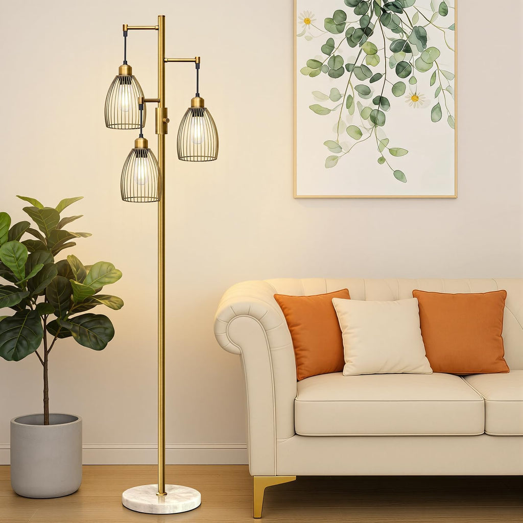 Torondo Dimmable Floor Lamps for Living Room, Industrial Standing Lamp with Marble Base, Antique Brass Tree Tall Pole Light with 3…