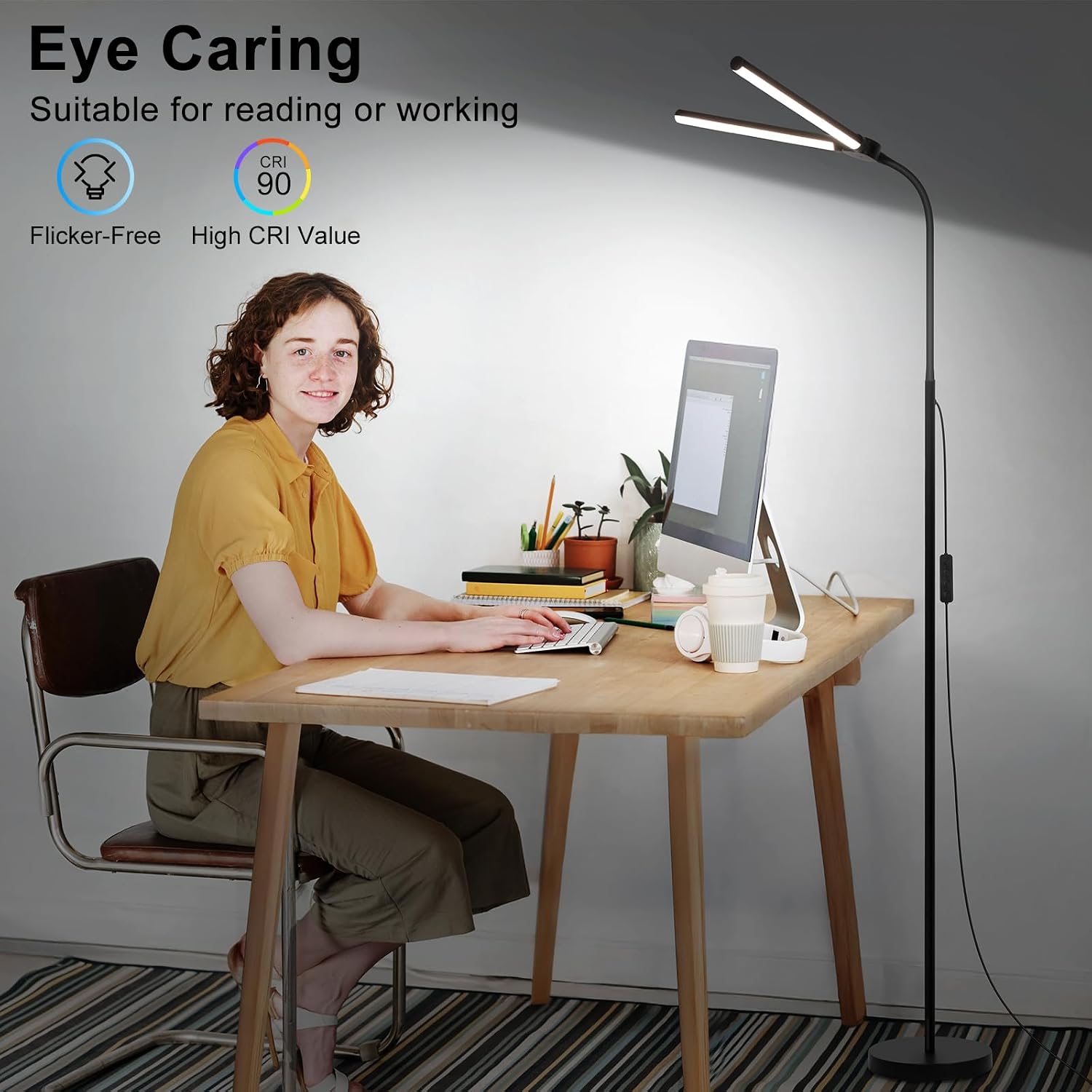 LED Floor Lamp with Remote Control, Bright 18W Floor Lamps for Living Room with Double Head, Adjustable Gooseneck Standing Lamp, Eye…