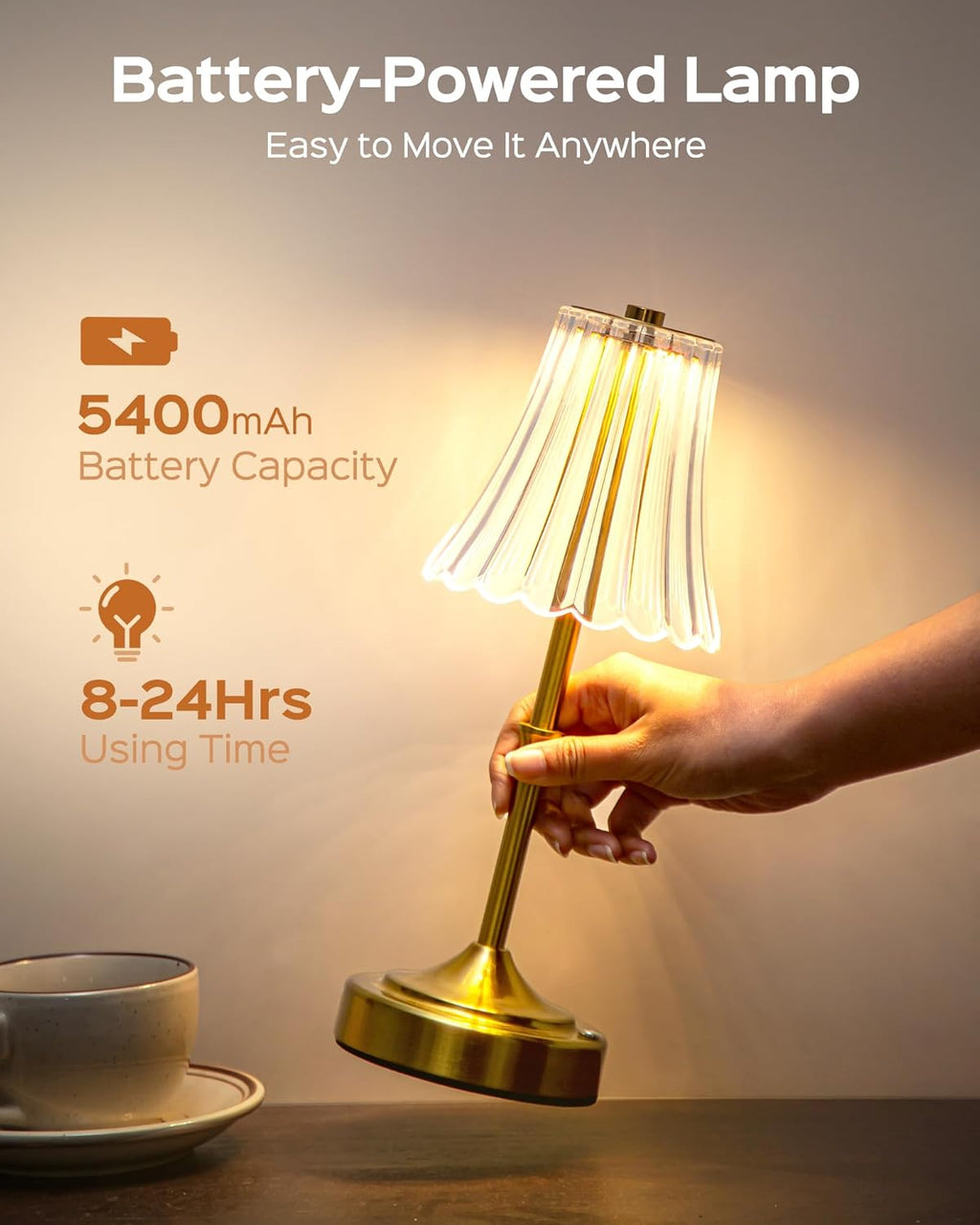 JACKYLED Vintage Cordless Table Lamp, Acrylic Crystal Flower Lamp Shade, 3 Colors Dimmable LED Golden Lamp, 5400mAh Battery Operated…