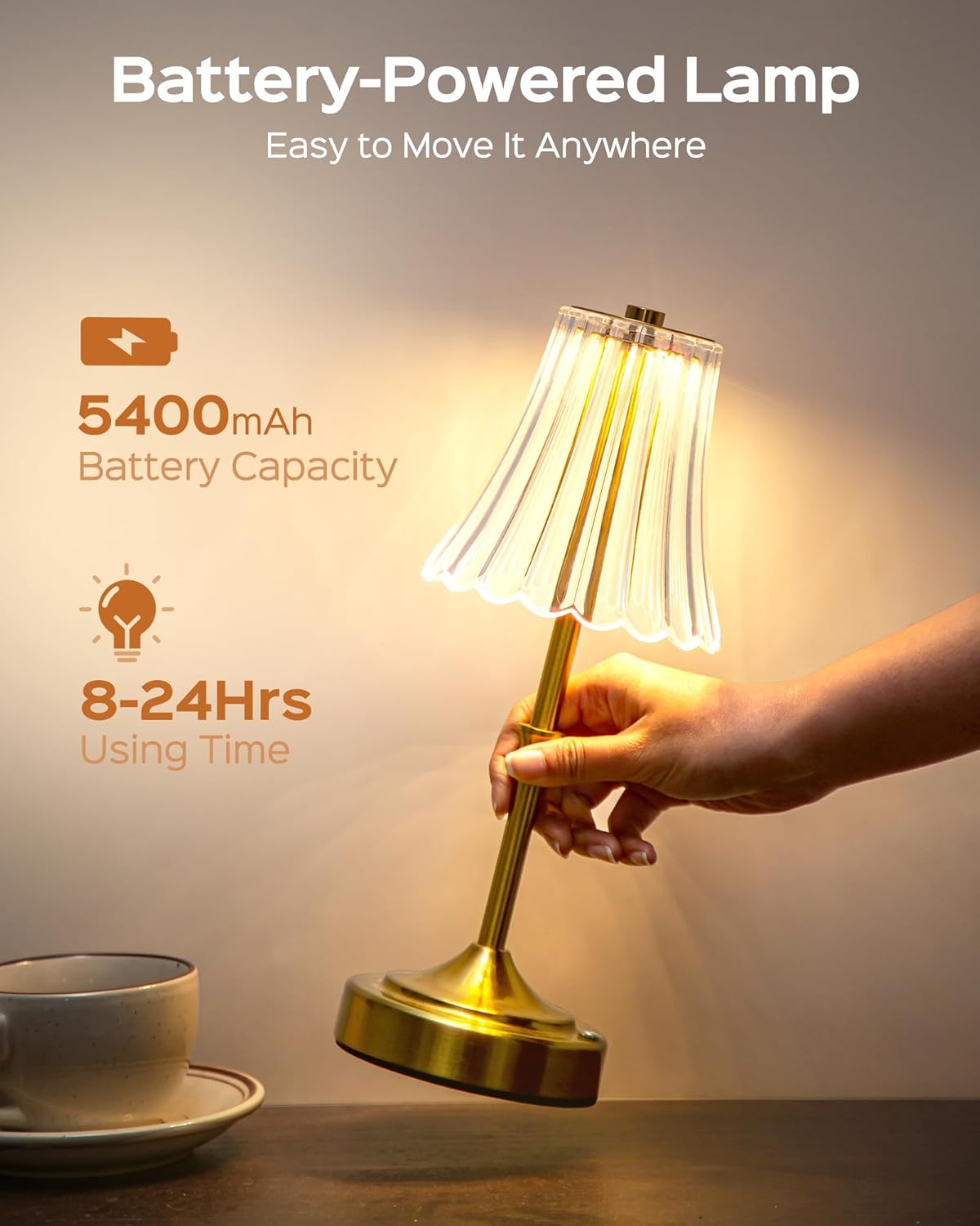 JACKYLED Vintage Cordless Table Lamp, Acrylic Crystal Flower Lamp Shade, 3 Colors Dimmable LED Golden Lamp, 5400mAh Battery Operated…