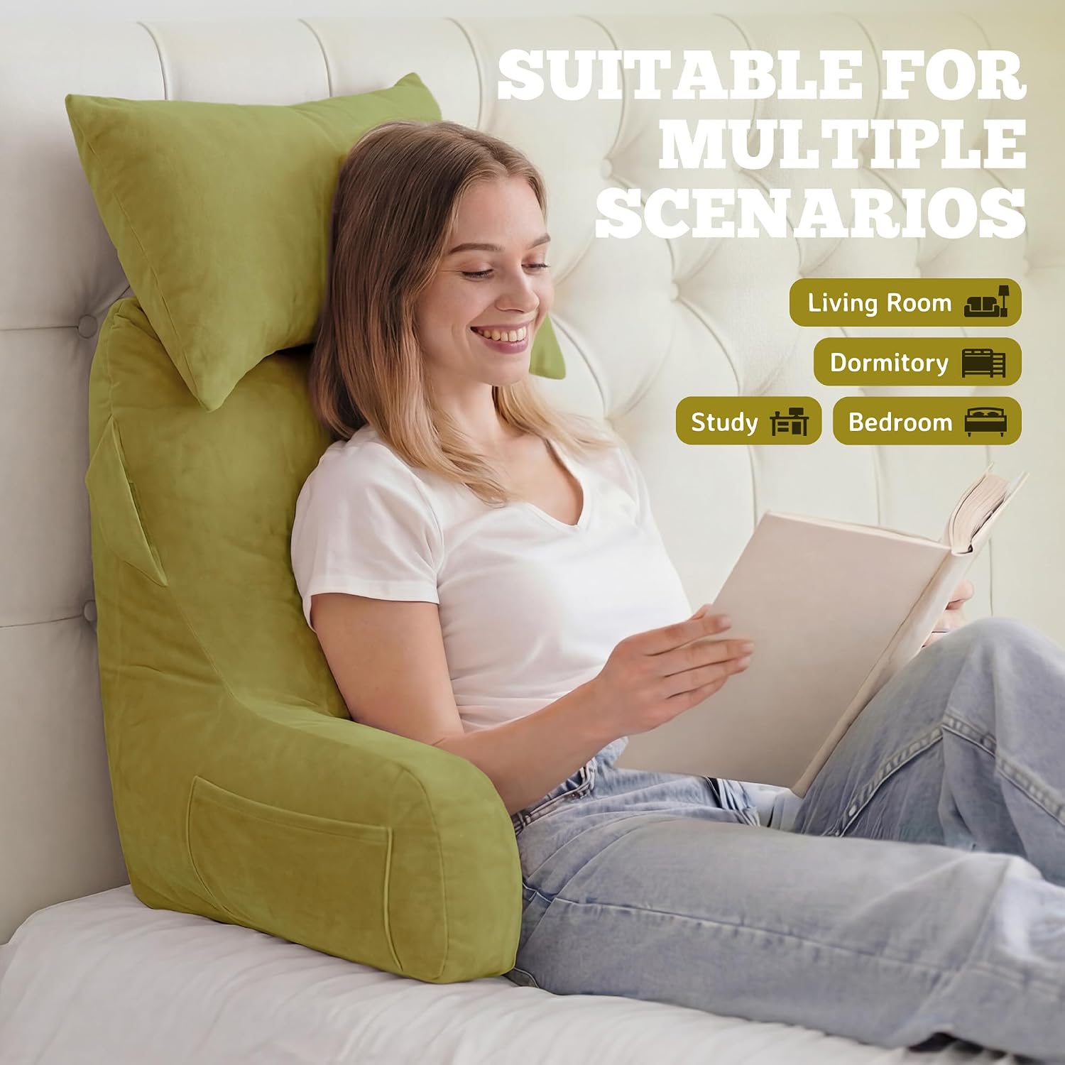 Unisakey Portable Reading Pillows with Headrest for Bed Sitting Up(Pale Green Oeko-Tex), Velvet Back Pillow with Arms & Pockets for…