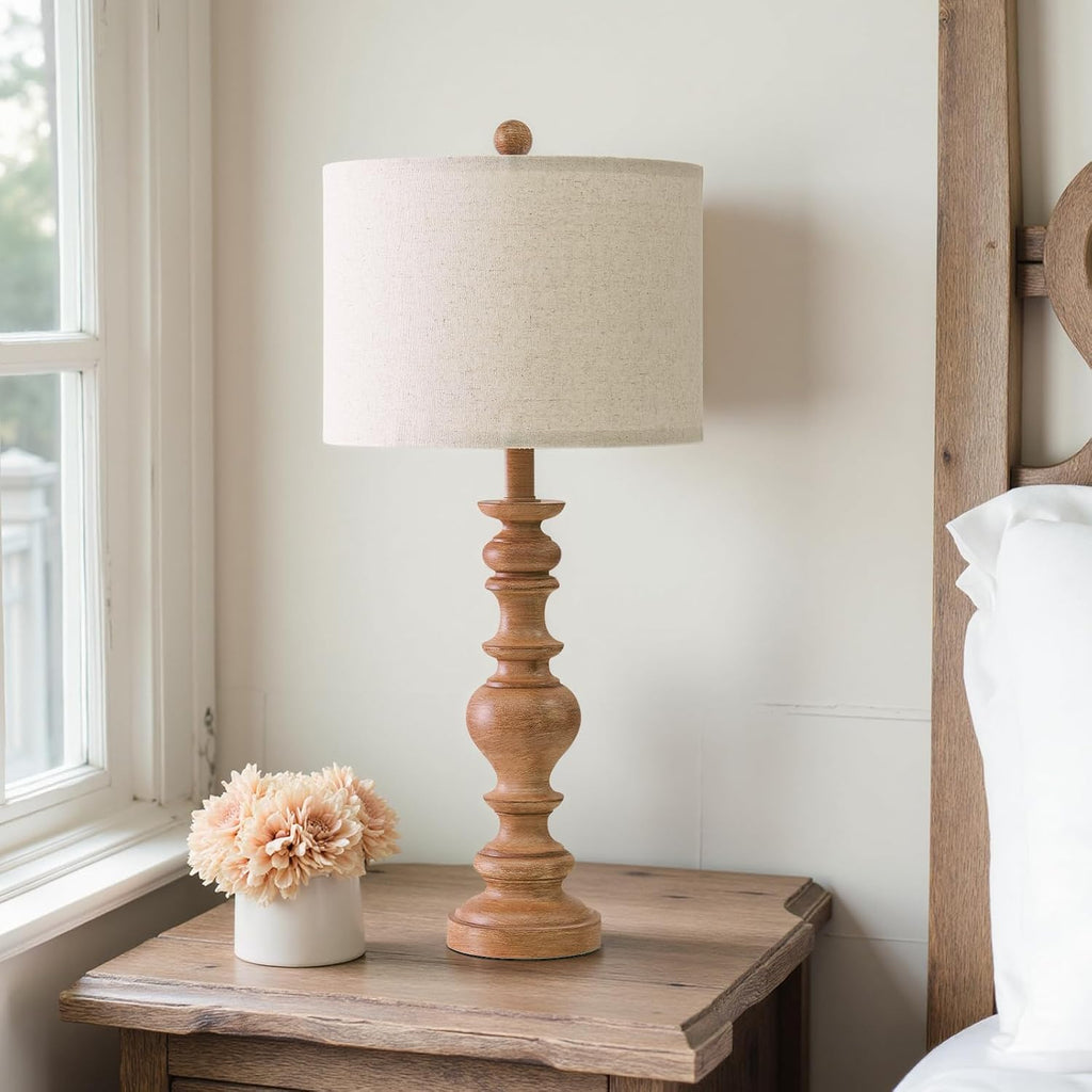 BOBOMOMO 27" Light Brown Table Lamps Set of 2, Large Farmhouse Resin Lamps with Linen Shades, Rustic Vintage Lamps for Living Room…