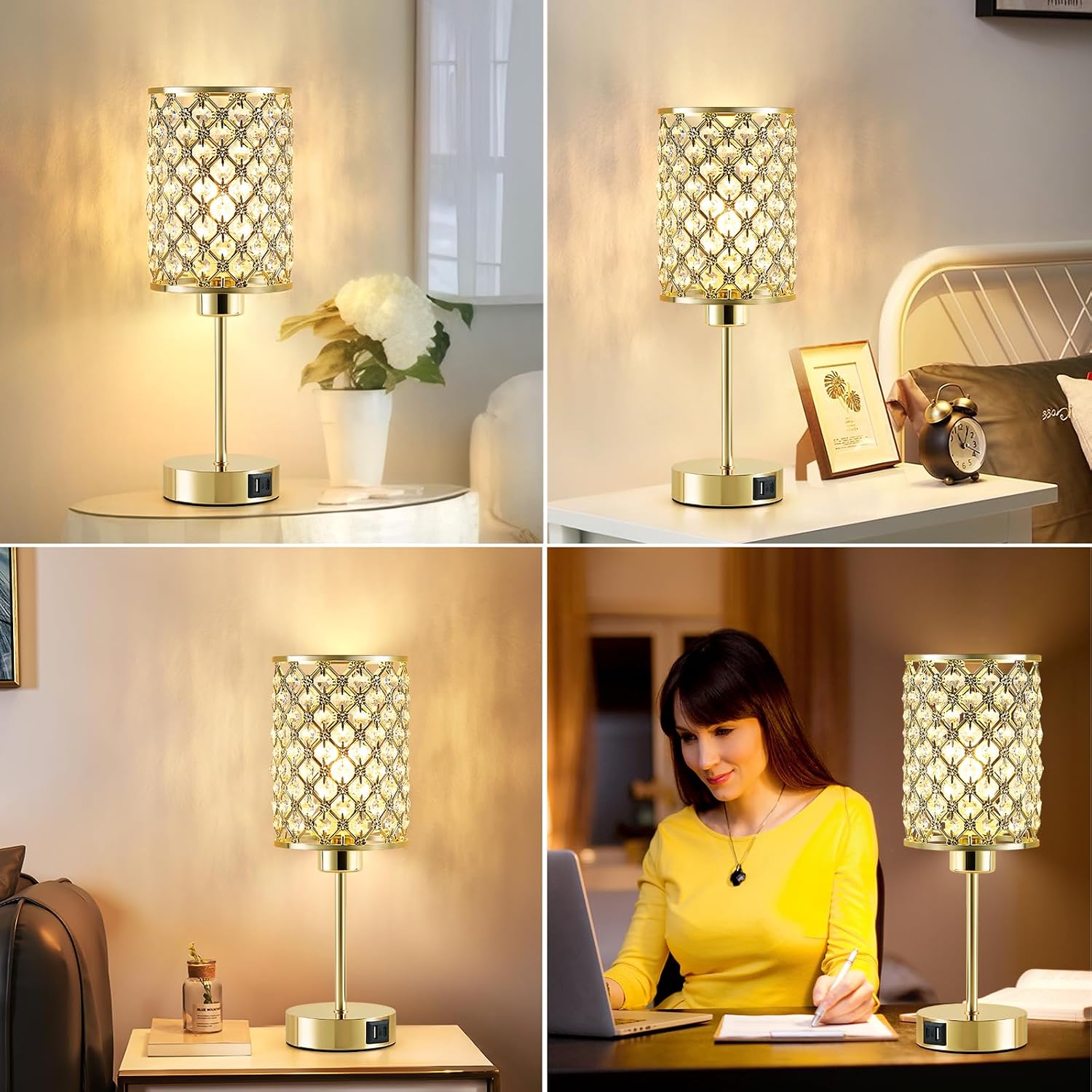 GyroVu Crystal Table Lamp, Gold Touch Lamp for Nightstand with USB C+A Ports, Dimmable Lamp with Crystal Shade, Bedside Lamp Small Lamp…