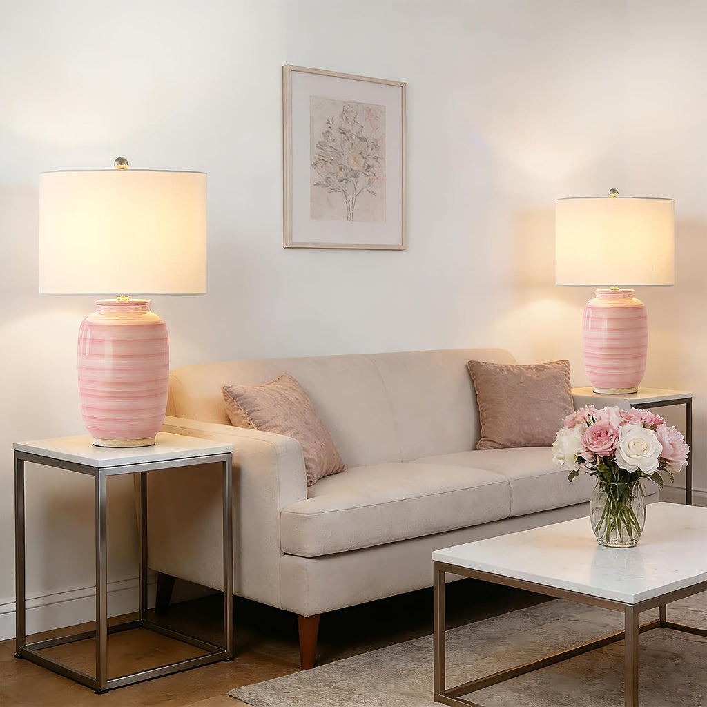 Maxax 25" Pink Ceramic Table Lamp for Living Room, Modern Ceramic Bedside Lamp for Bedroom, End Table Lamp with White Farice for…