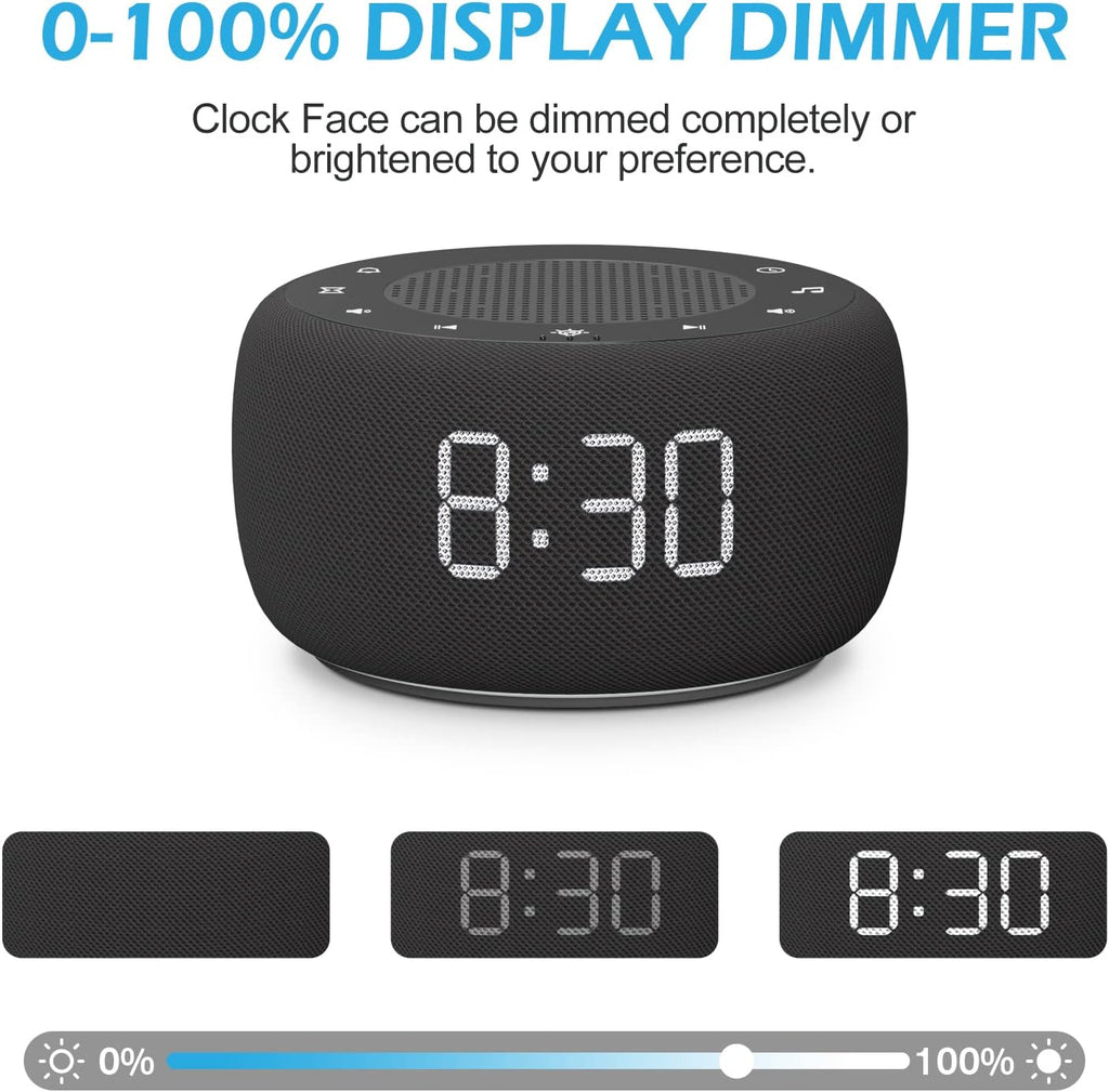 Buffbee Sound Machine & Alarm Clock 2-in-1, 0-100% Clock Face Brightness, Bottom Colored Light, Sleep Timer, Precise 30-Level Volume…
