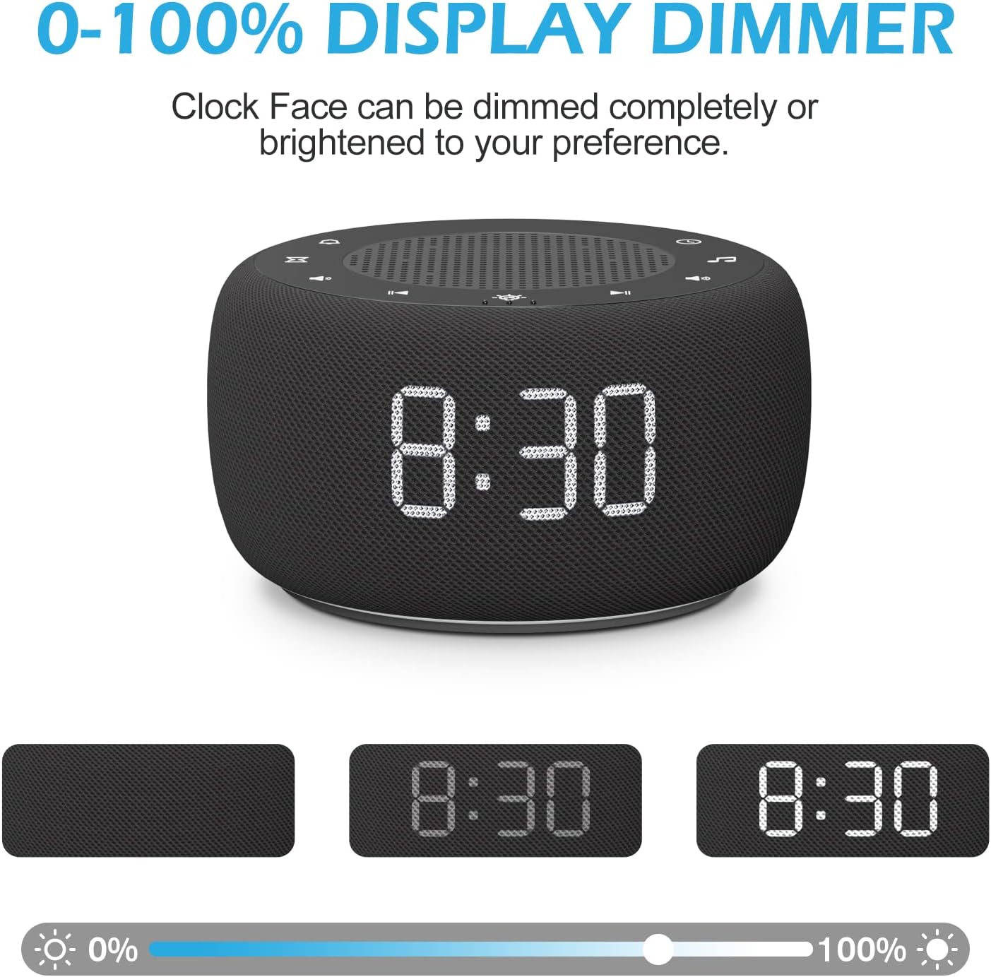 Buffbee Sound Machine & Alarm Clock 2-in-1, 0-100% Clock Face Brightness, Bottom Colored Light, Sleep Timer, Precise 30-Level Volume…
