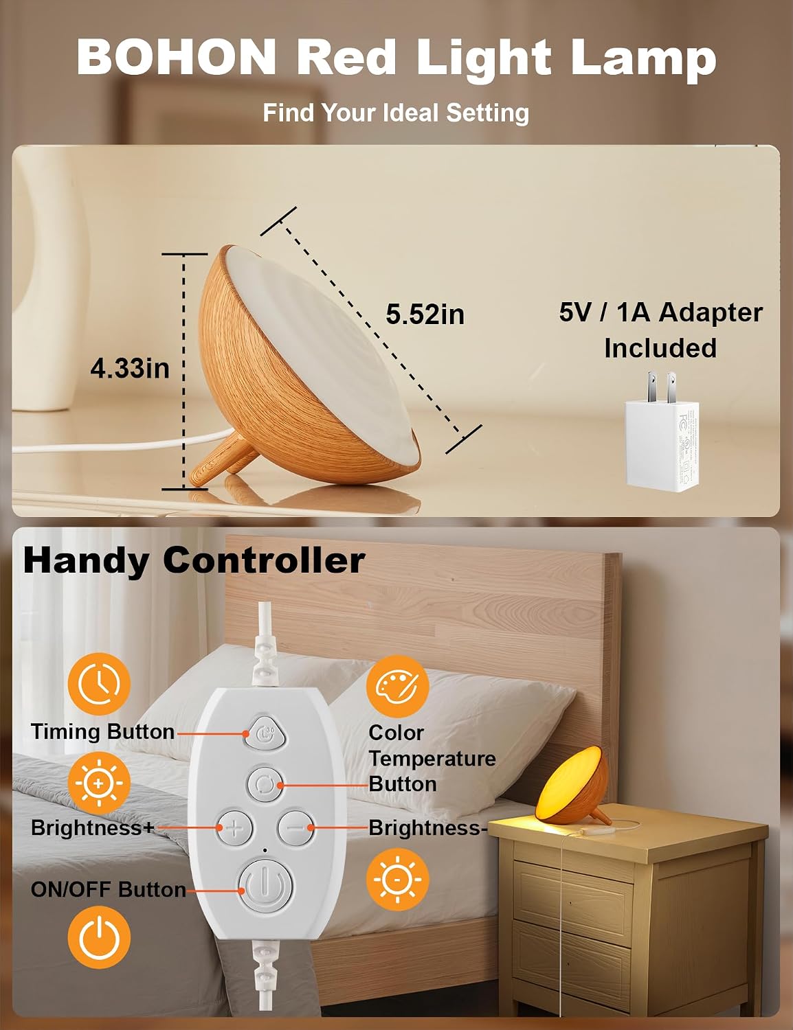 BOHON Red Light Night Light with Timer, 3 Color Modes 10 Brightness Dimmer Red Light Reading Light, 660nm Red Night Lights for Sleep…