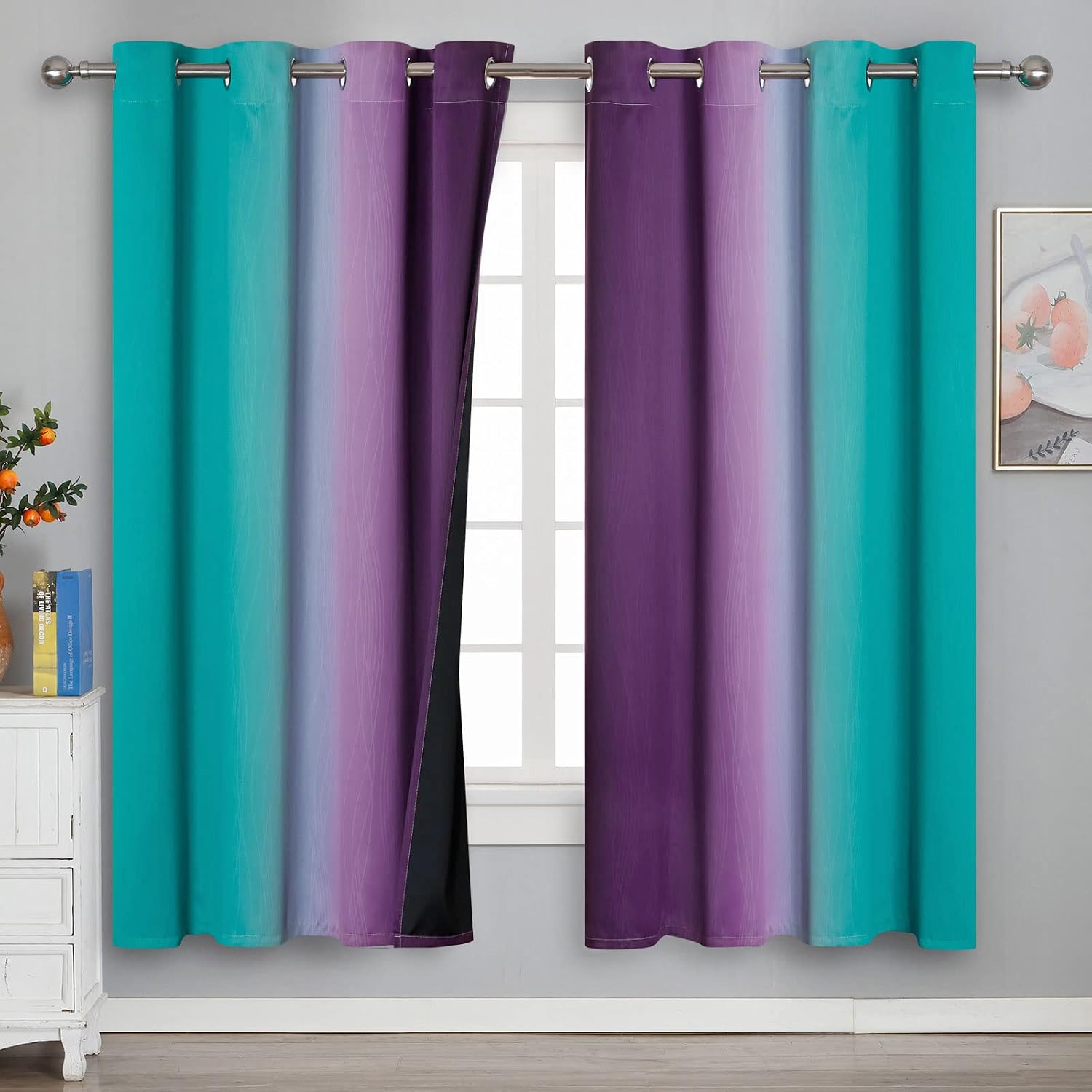 Estelartextiler Estelar Textiler Ombre Teal and Purple Blackout Curtains 72 Inch Length 2 panels, Grommet Thermal Insulated Gradient Drapes…