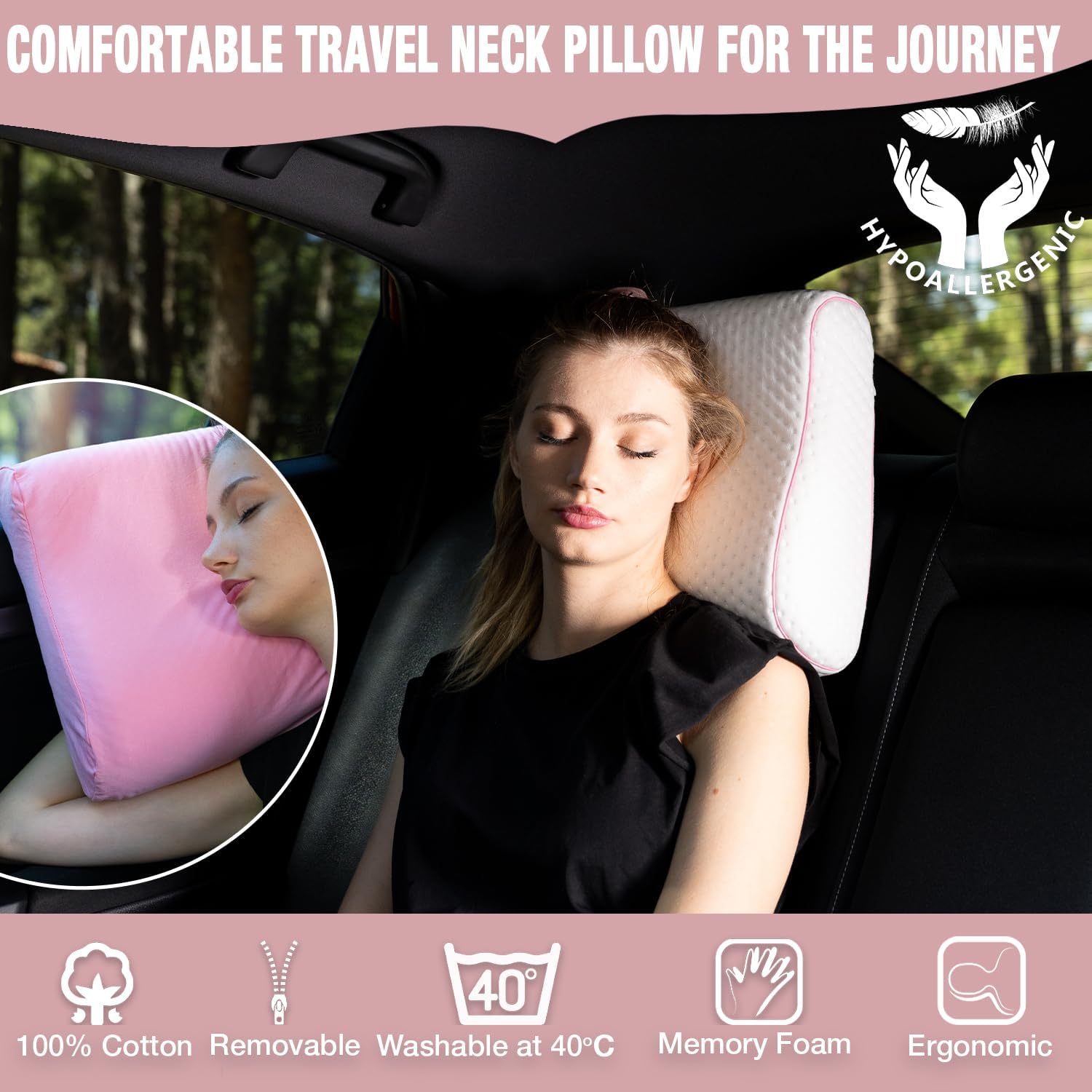 alkamto Travel & Camping Comfortable Memory Foam Pillow – Easy to Carry Portable Bag – Temperature Regulating Pillow Case (Pink Contour +…