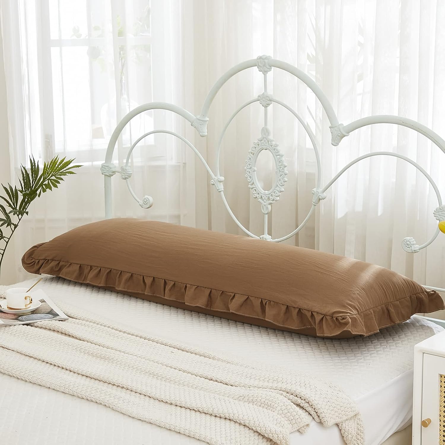 Merryword Brown Body Pillow Cover 20x54inches Long Pillowcase Ruffled Pillowcases Shabby Chic Ruffled Fringe Decor Body Ruffled Pillow Sham…