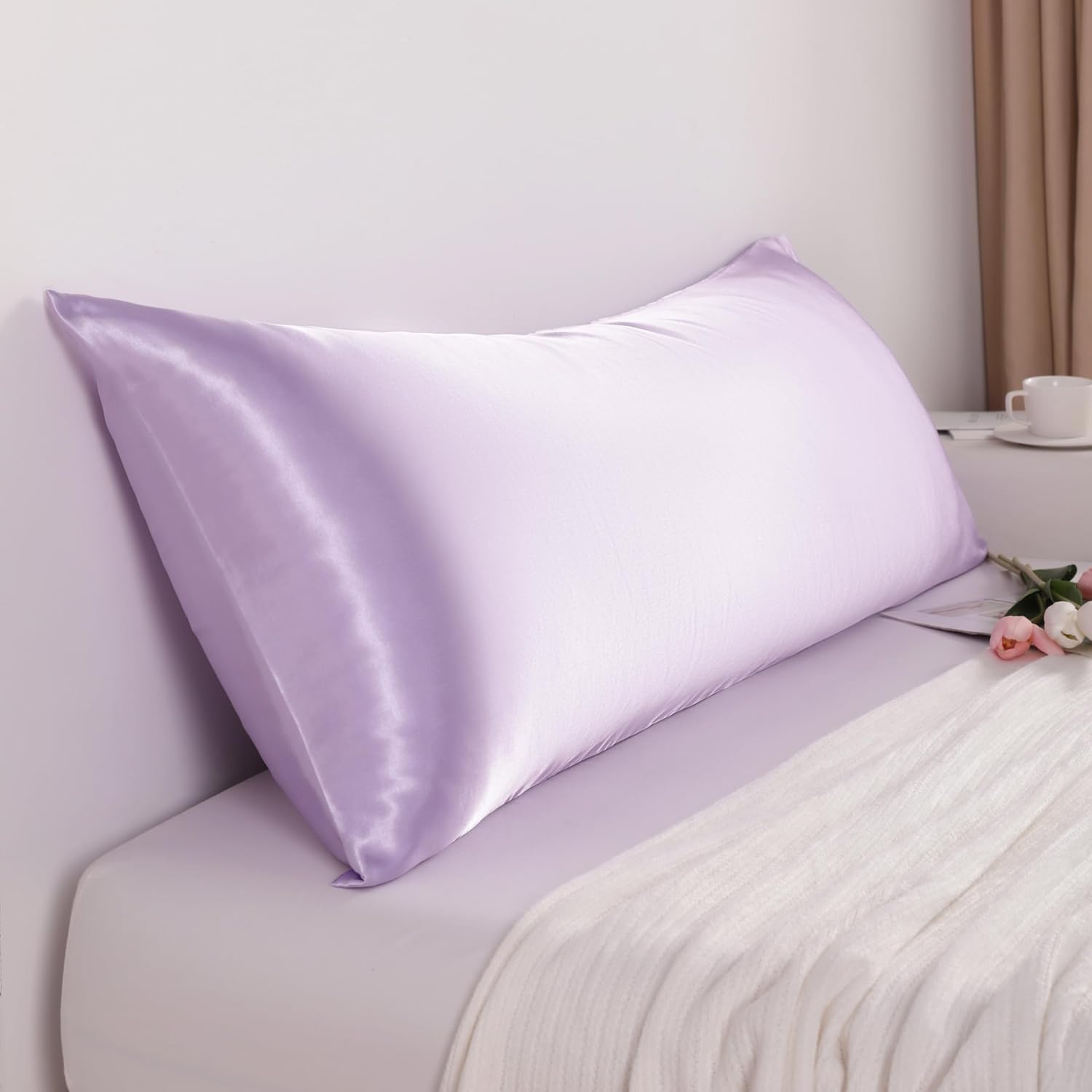 Ntbay Satin Body Pillowcase for Hair and Skin, Luxurious and Silky Pillow case with Envelope Closure, 20x54 Inches, Light Purple 54 Inches