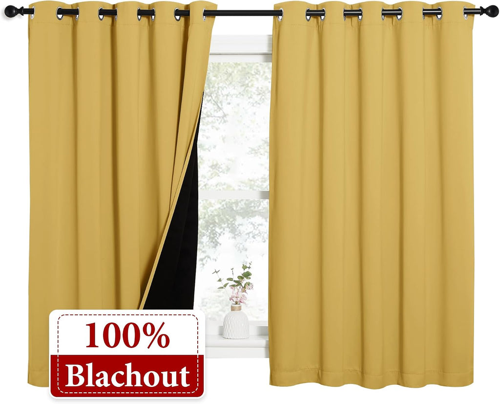 Nicetown 100% Blackout Curtains with Black Liners, Thermal Insulated Full Blackout 2-Layer Lined Drapes, Energy Efficiency Window Drapes fo…