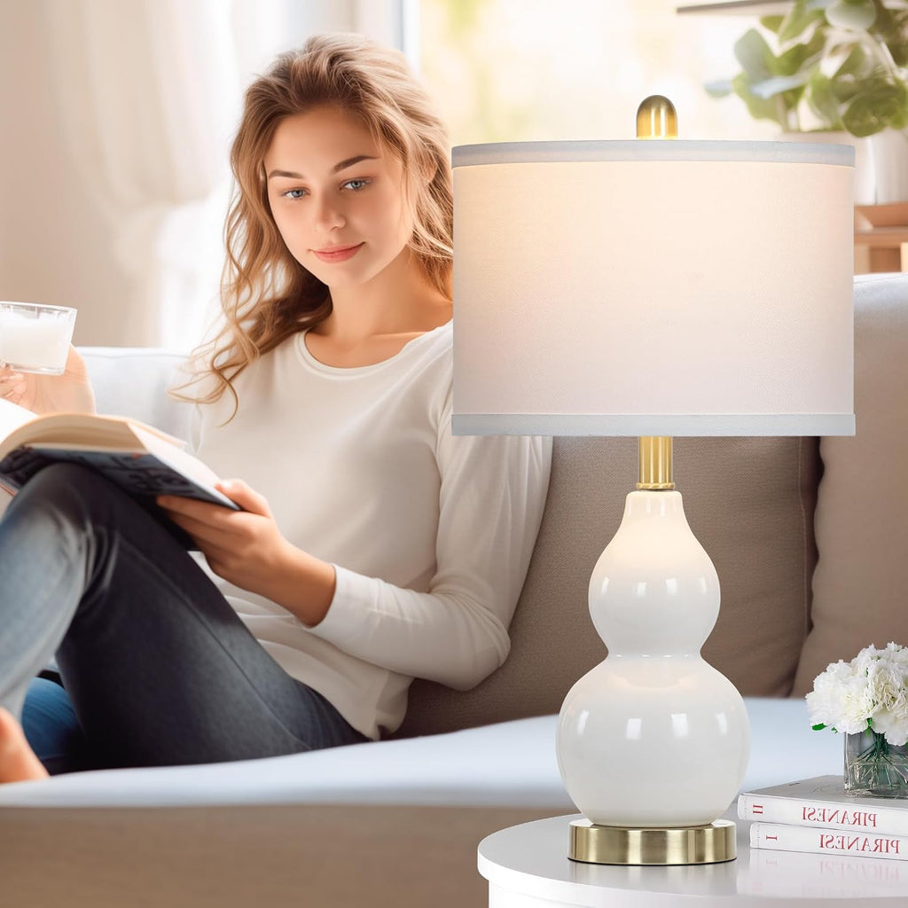 Rinweey Double Gourd Ceramic Table Lamps Set of 2, Modern White Bedside Lamps for Night Stand, Contemporary Nightstand Lamps for Bedroom…