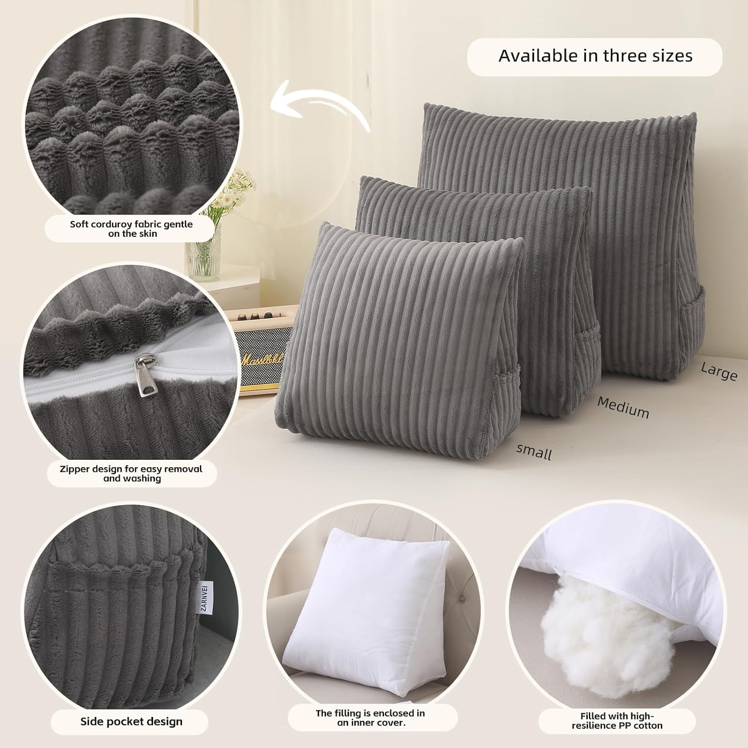 Corduroy Wedge Reading Pillow for Bed, 3 Sizes, 4 Colors for Bed, Sofa, Office Chair (Grey, Medium 19 * 16 * 7in)