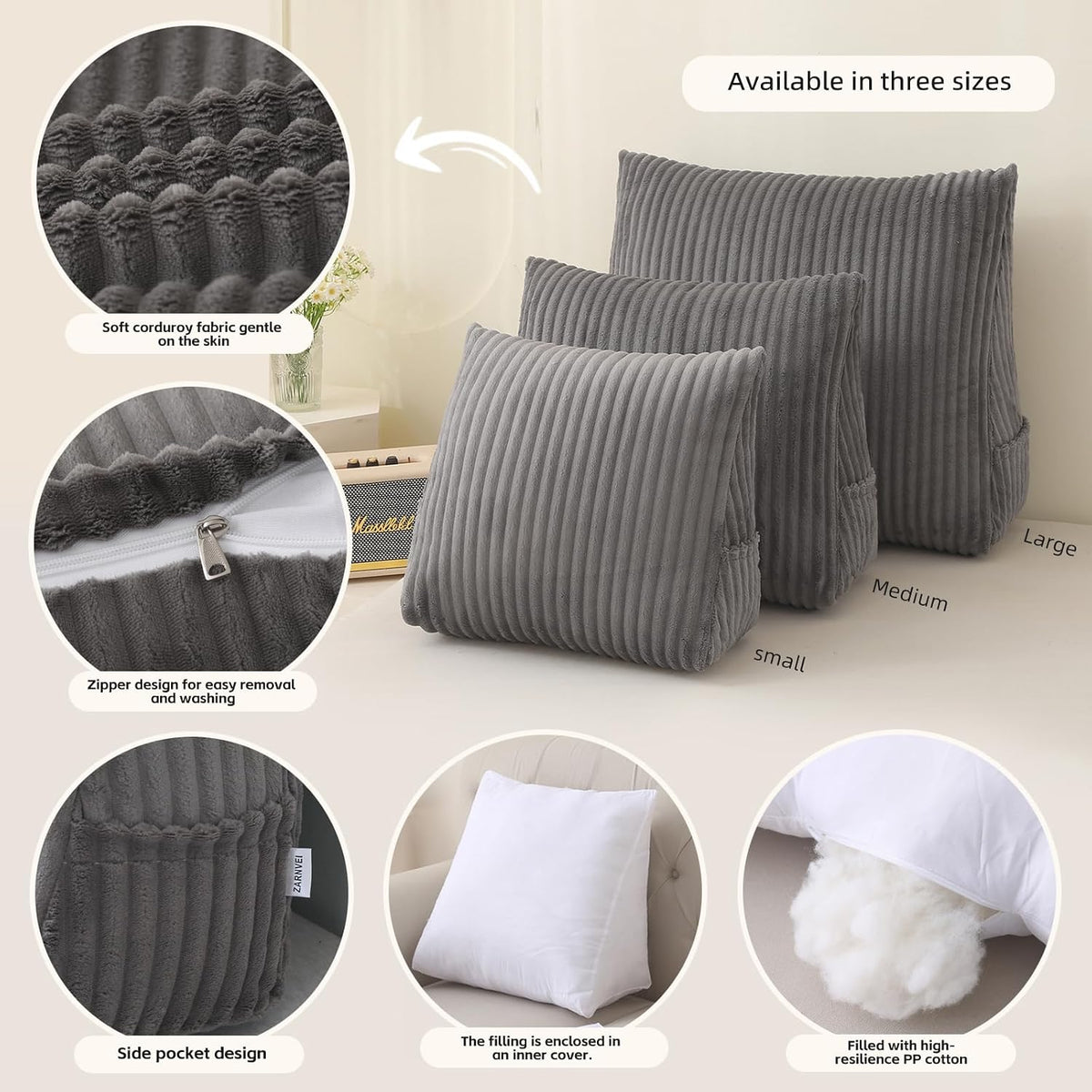 Corduroy Wedge Reading Pillow for Bed, 3 Sizes, 4 Colors for Bed, Sofa, Office Chair (Grey, Small 16 * 14 * 7in)