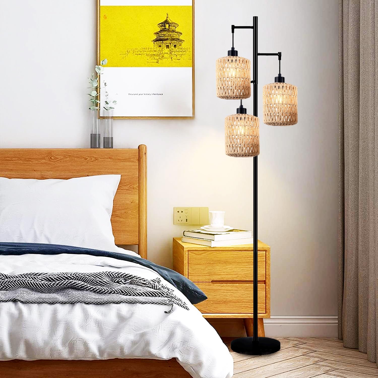 QIYIZM Floor Lamp for Living Room, Bedroom,3-Lights Boho Rattan Tree Floor Lights, Industrial Black Farmhouse Standing Lamp Wicker Rustic…