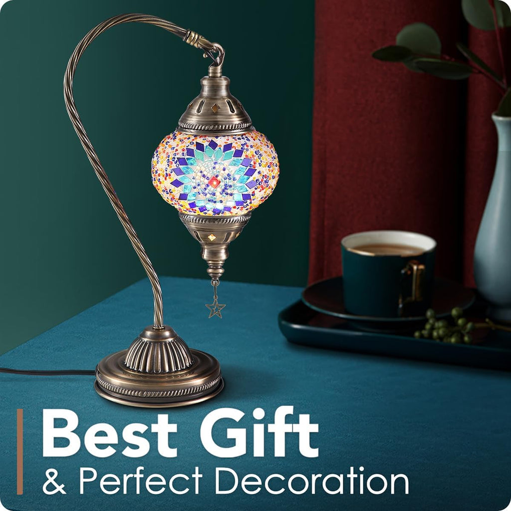 Yarra-Decor Turkish Moroccan Lamp with Bronze Base 3 Color Options Handmade Swan Neck Tiffany Mosaic Glass Bedside Lamps for Bedroom (LED…