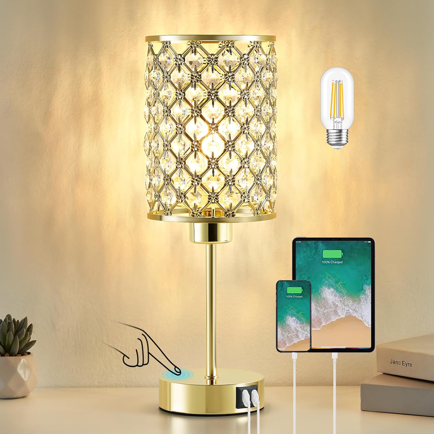 GyroVu Crystal Table Lamp, Gold Touch Lamp for Nightstand with USB C+A Ports, Dimmable Lamp with Crystal Shade, Bedside Lamp Small Lamp…
