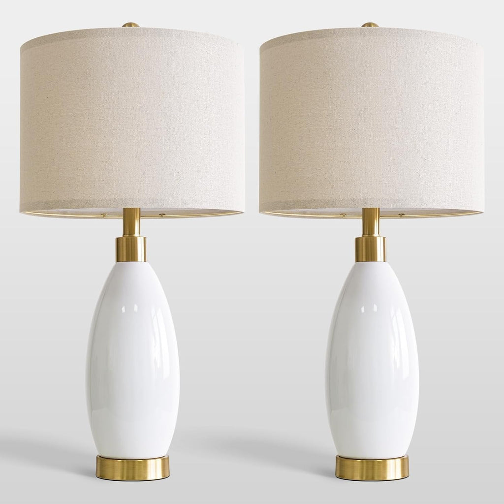 USumkky 24" White Oval Ceramic Table Lamp Set of 2, Modern Minimalist Bedside Nightstand Lamps for Bedroom Living Room, Linen Shade &…