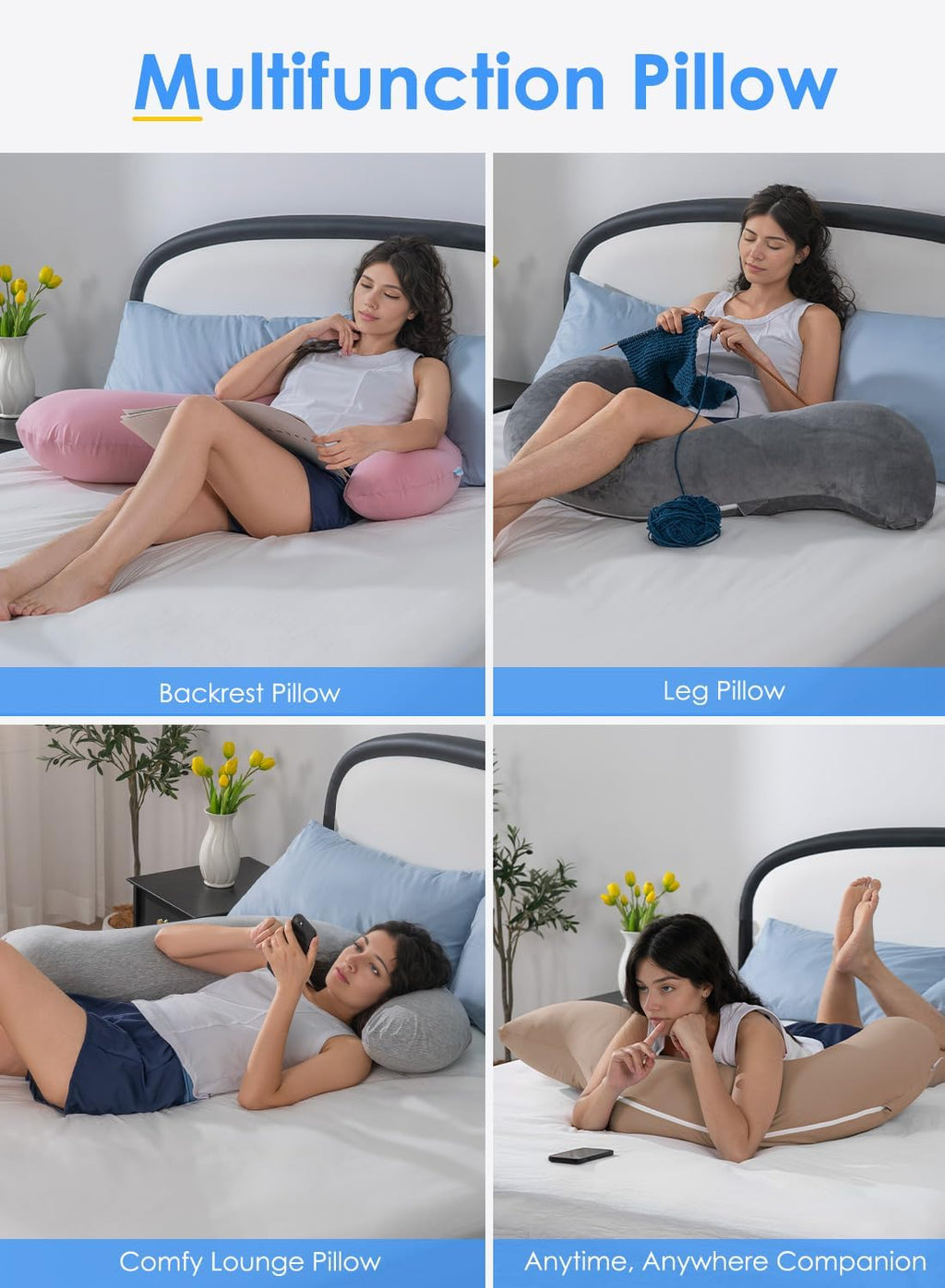Queenrose QUEEN ROSE Body Pillow, Full Body Support Pillow for Side Sleepers, Cooling Soft S Shaped Hug Pillow for Adults, Grey Grey
