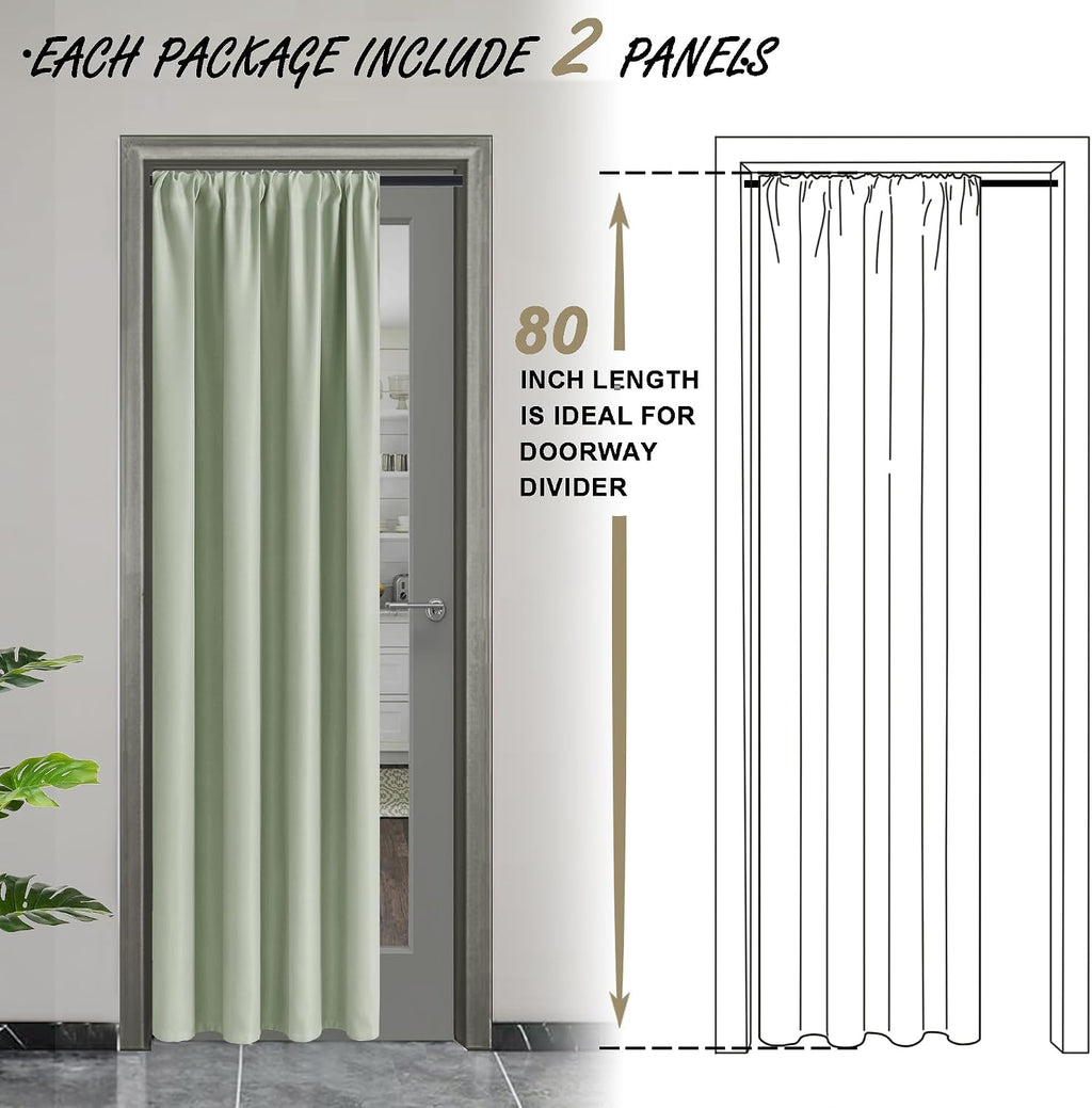 Jiuzhen Blackout Doorway Curtains 80 inch Length - 2 Panels Thermal Insulated Privacy Soundproof Rod Pocket Closet Door Curtains Room Divid…