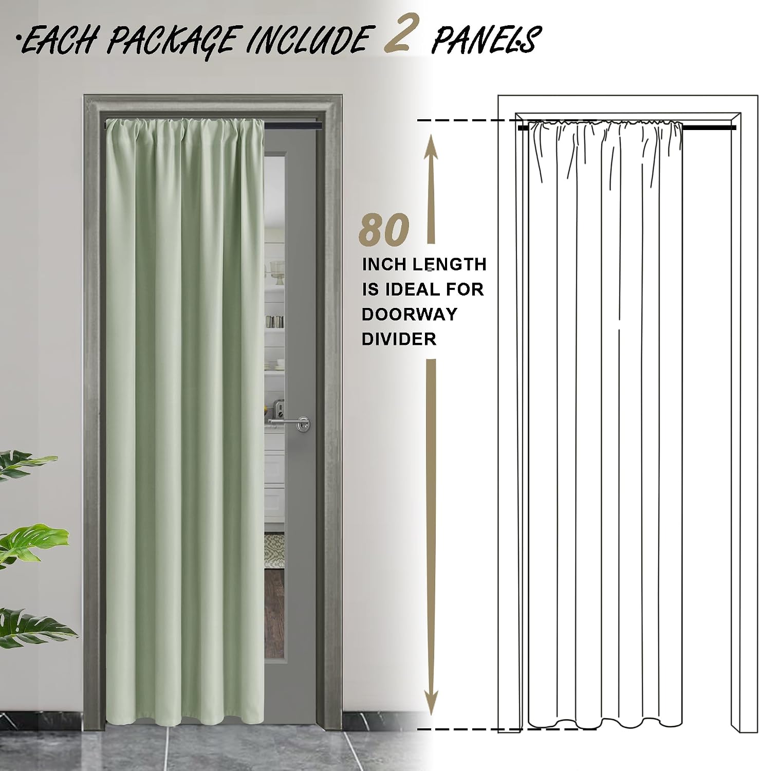 Jiuzhen Blackout Doorway Curtains 80 inch Length - 2 Panels Thermal Insulated Privacy Soundproof Rod Pocket Closet Door Curtains Room Divid…