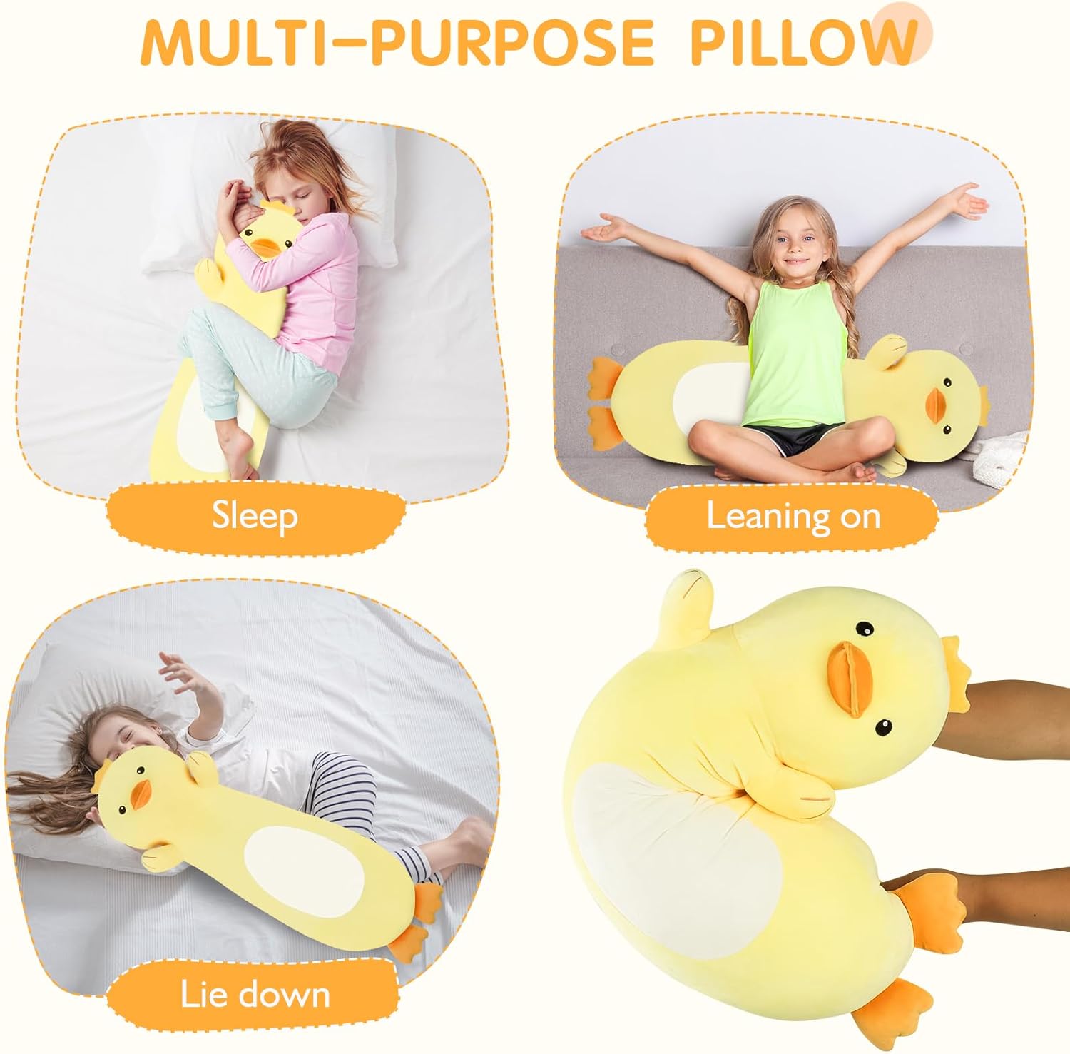 Tianmihou 36 Inch Giant Duck Plush Long Body Pillow, Yellow Duck Stuffed Animal Soft Pillow, Cute Squishy Cuddle Toy Gift for Kids Girls…