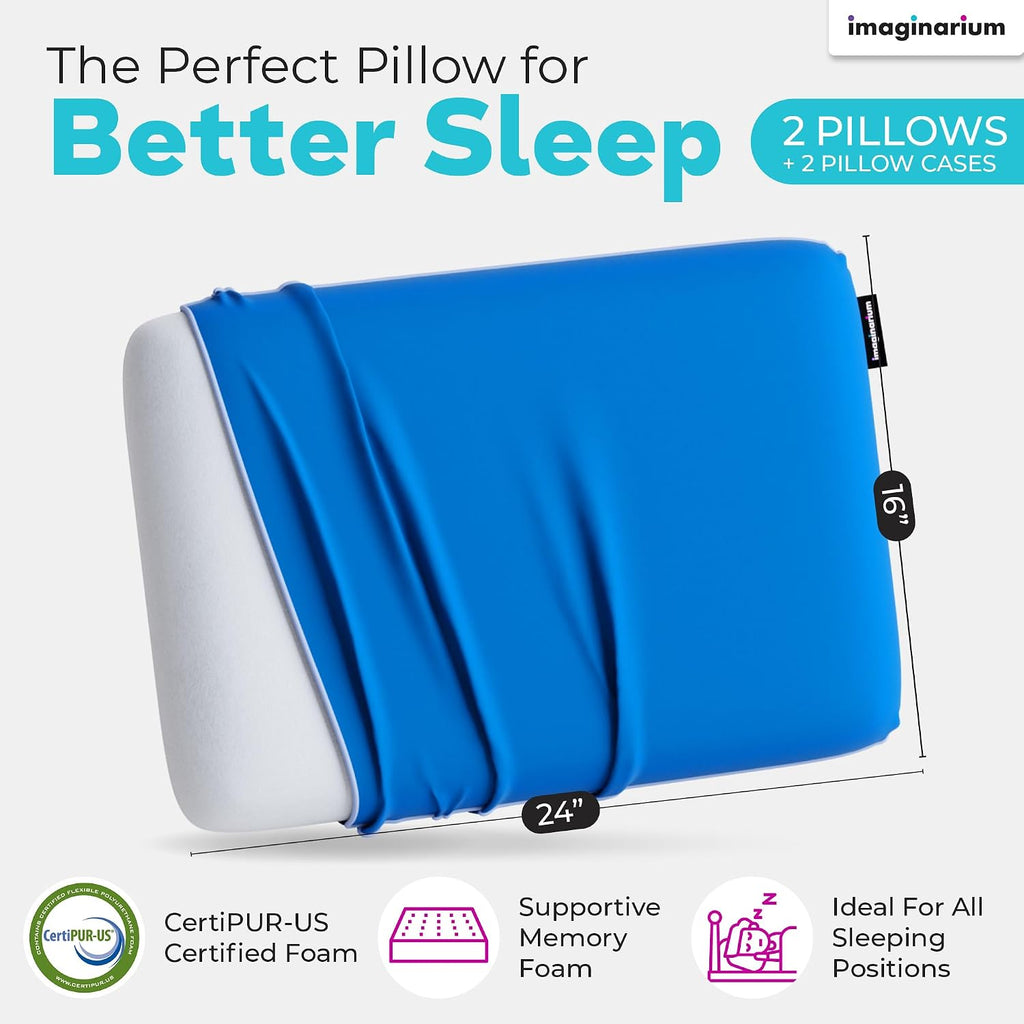 Imaginarium 2 Pack Memory Foam Pillows for Bed – 16" x 24" Standard – Fun Decorative Colorful Pillow for Sleeping – Back, Stomach & Side…