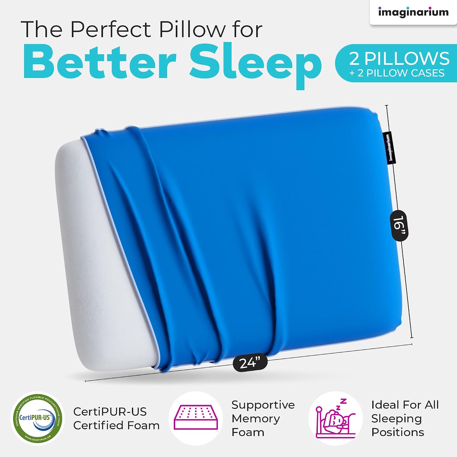 Imaginarium 2 Pack Memory Foam Pillows for Bed – 16" x 24" Standard – Fun Decorative Colorful Pillow for Sleeping – Back, Stomach & Side…