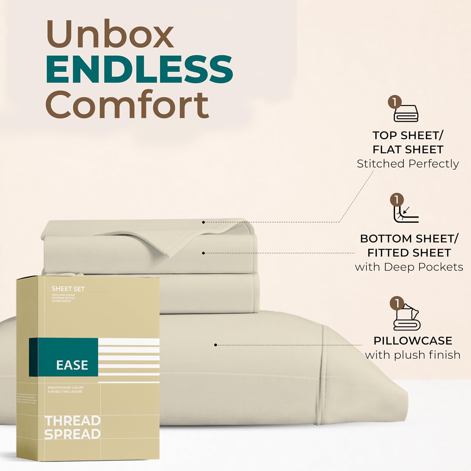THREAD SPREAD Egyptian Cotton Sheets Twin Size – 300 Series 16" Deep Pocket 100% Cotton Sheets Twin Size (4 PC, Ivory), Soft & Durable…