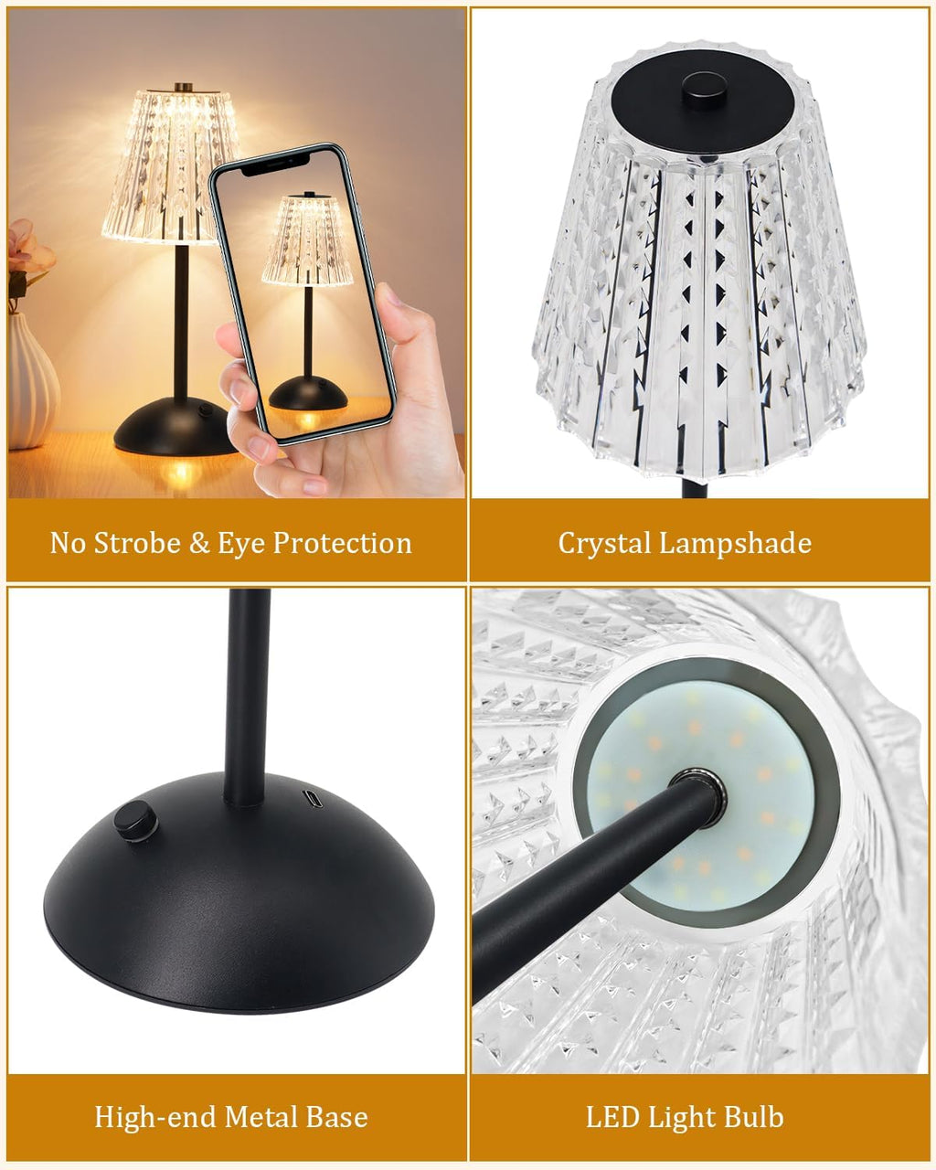 Nusogon Rechargeable Cordless Table Lamp, Touch Control Crystal Desk Lamp with 3500mAh Battery, 3 Color Dimmable LED Small Lamp for…