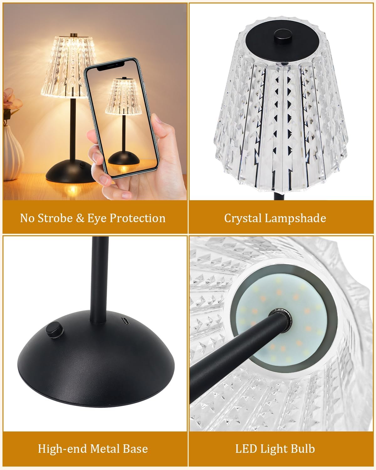 Nusogon Rechargeable Cordless Table Lamp, Touch Control Crystal Desk Lamp with 3500mAh Battery, 3 Color Dimmable LED Small Lamp for…