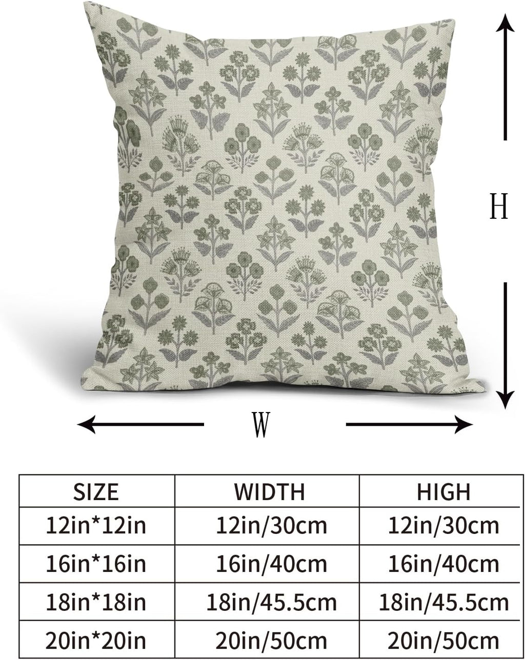 Green Grey Gray Floral Block Print Pillow Covers 20x20 Inch Set of 2, Vintage Flower Pattern Decorative Throw Pillowcases Outdoor…