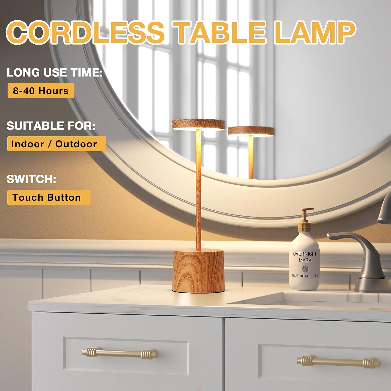 Kakanuo Wooden Rechargeable Cordless Lamp - Touch Control, 3 Color Temperature, LED Outdoor Wireless Lamp, Battery Operated Lamps…