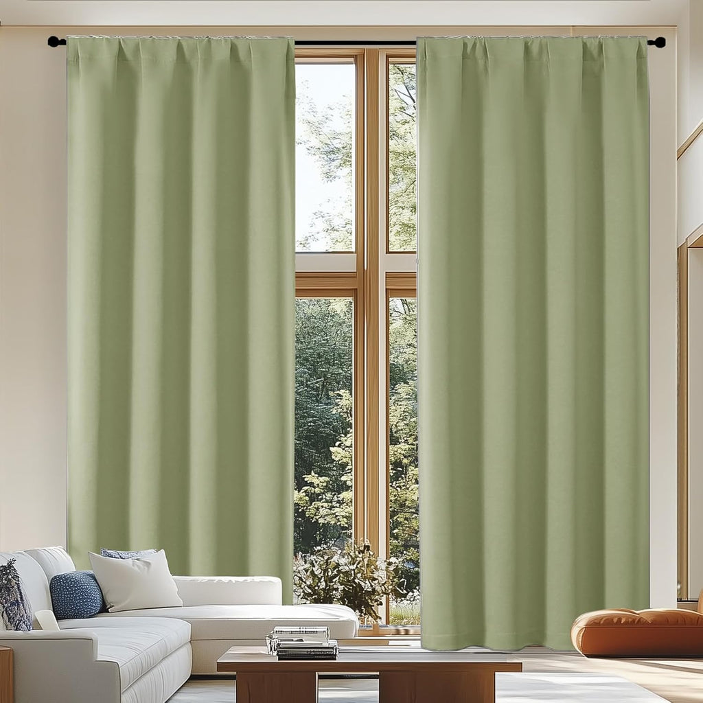 Simplebrand Ava Sage Green Blackout Curtains for Patio 108 Inches Long 2 Panels Set, Solid Thermal Insulated Room Darkening Rod Pocket Wind…