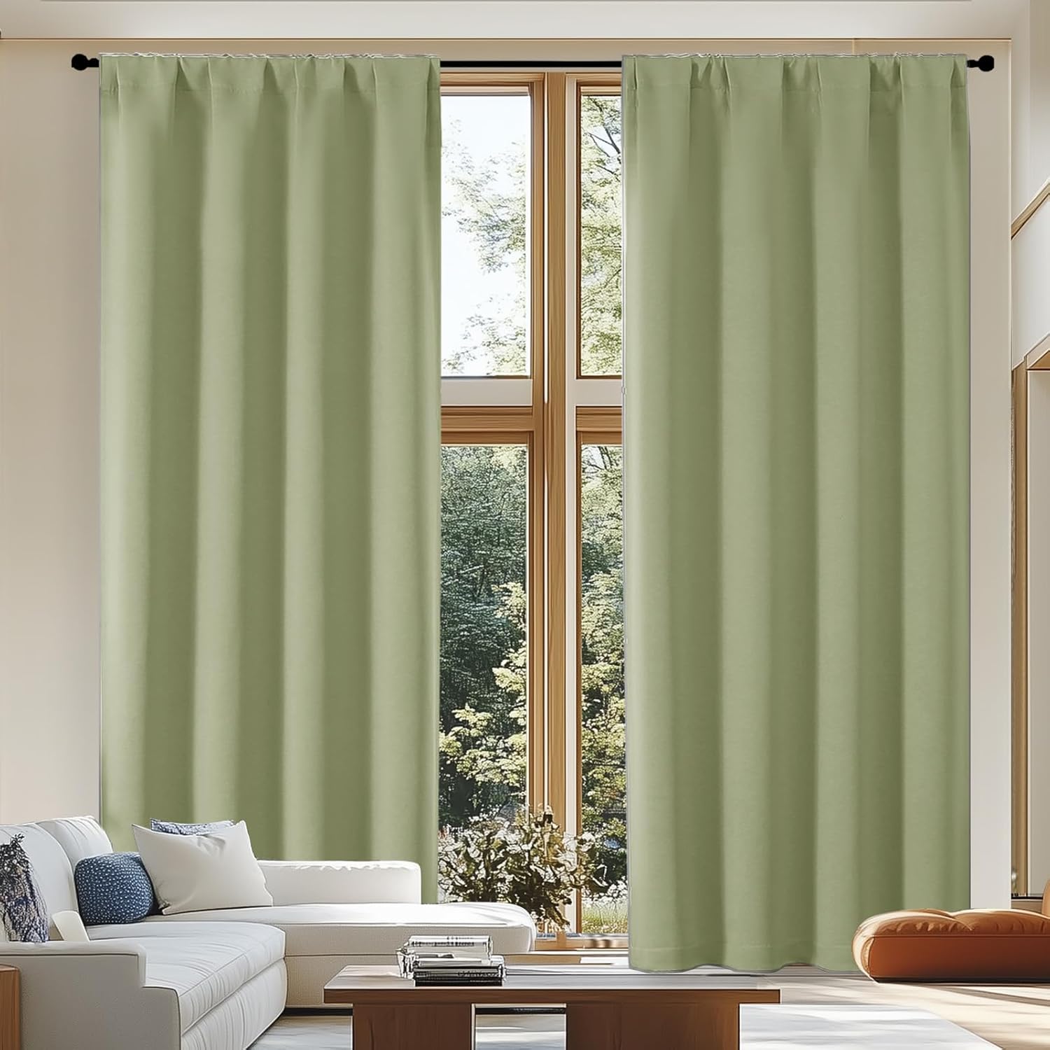 Simplebrand Ava Sage Green Blackout Curtains for Patio 108 Inches Long 2 Panels Set, Solid Thermal Insulated Room Darkening Rod Pocket Wind…