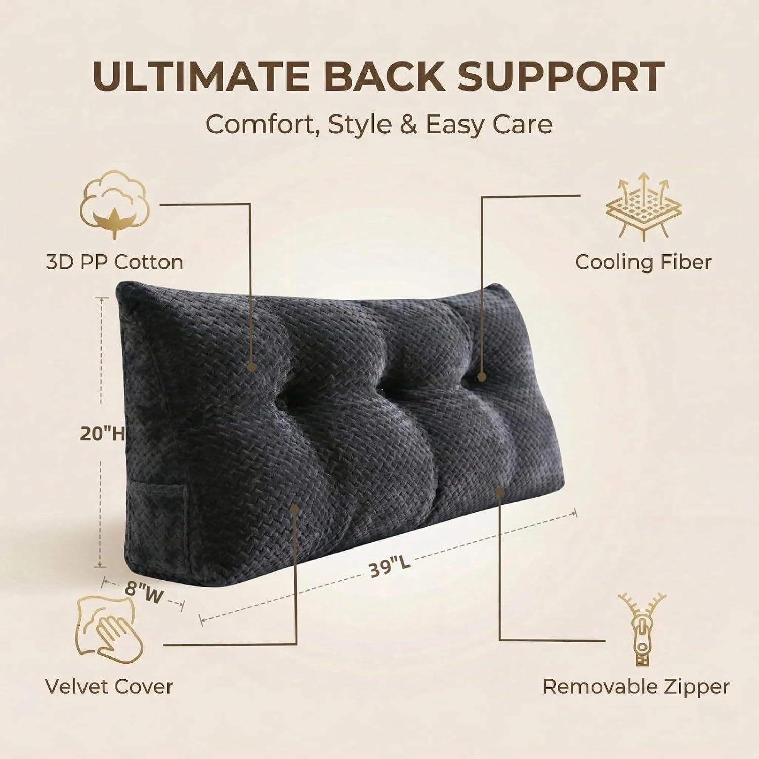 Headboard Pillow Twin Size, Reading Pillow for Bed, Wave Pattern Wedge Pillow, Tufted Backrest Support, Headboard Substitute, Darkgray