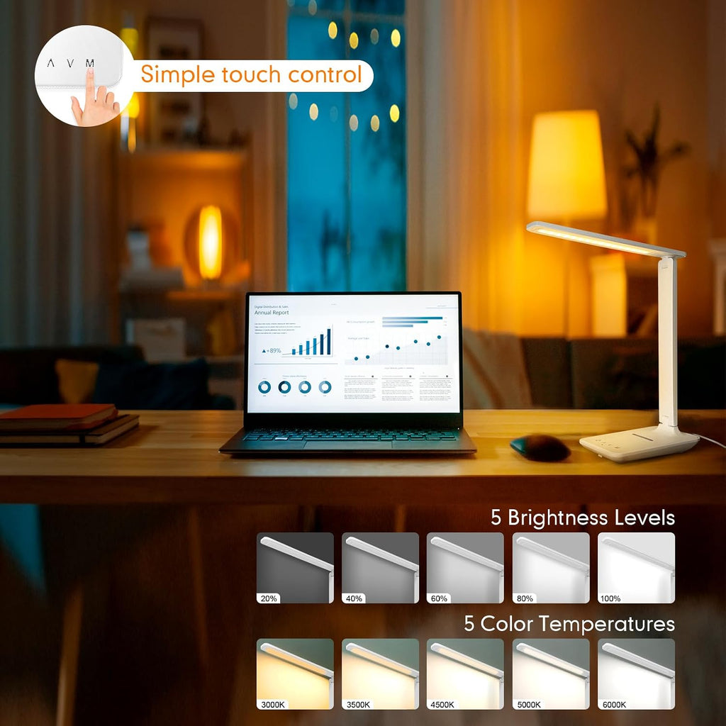 LED Desk Lamp Dimmable Table Lamp with USB Charging Port, 5 Lighting Modes, Sensitive Control, Foldable Portable Desk Light for Home…