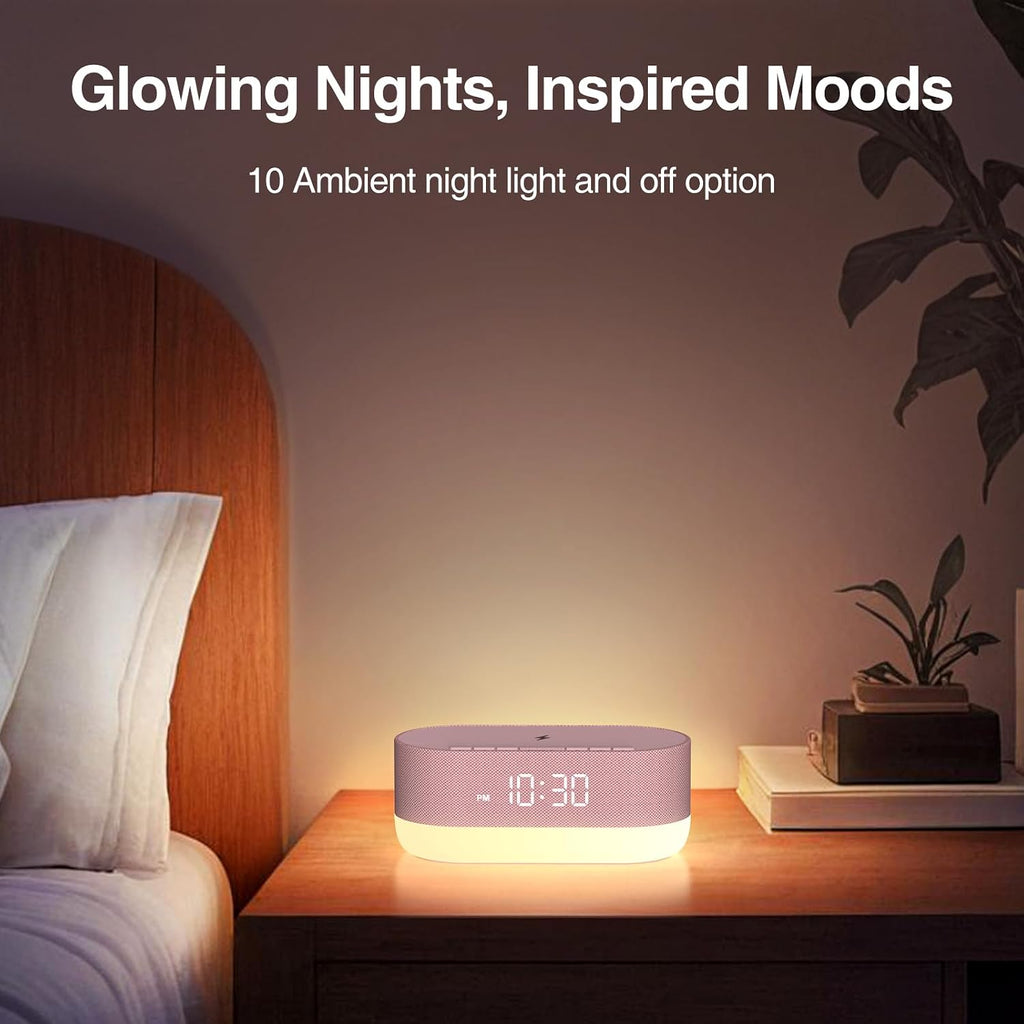 HOUSBAY Sound Machine with Alarm Clock for Bedrooms, Dual Speakers, 21 HiFi Sounds, 10W Wireless Charger, Unlimited Sound, Bluetooth, 10…