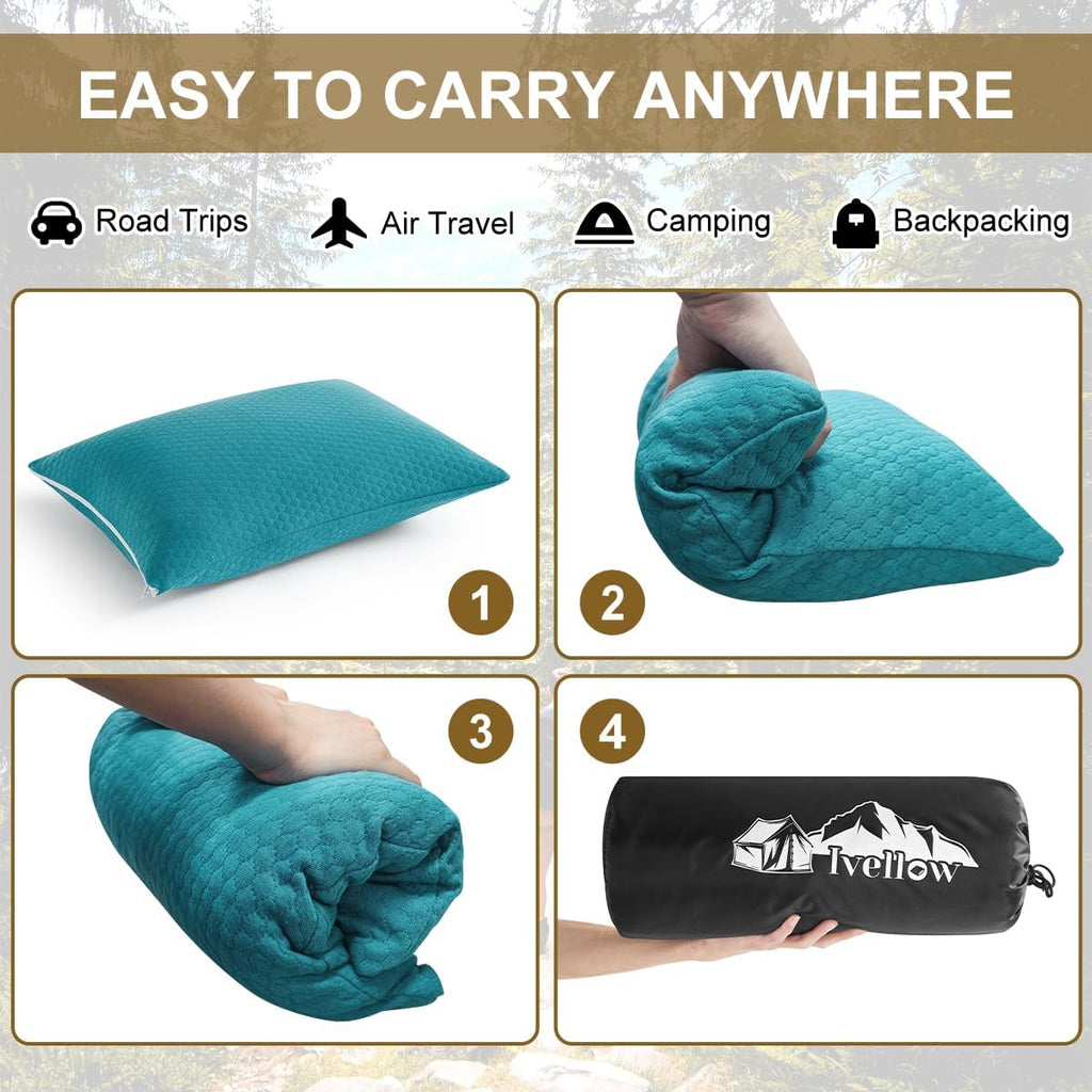 Ivellow Memory Foam Travel Pillow Compressible Camping Pillow for Sleeping Shredded Memory Foam Pillow Compact Firm Supportive Small Pillow…