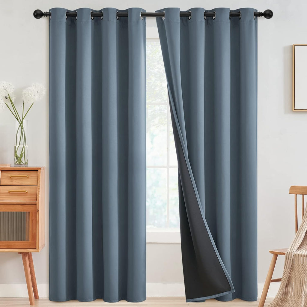 SimpleHome 100% Blackout Curtains for Bedroom, Thermal Insulated Grommet Window Drapes Room Darkening Stone Blue Curtains for Living Room wi…