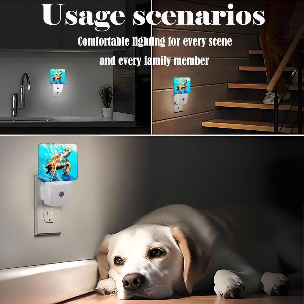 Watercolor Wild Turtle Night Light, Plug Into Wall for Boys Girls Bedroom Decorative Square Night Light Lamp 0.5w Sleep Friendly