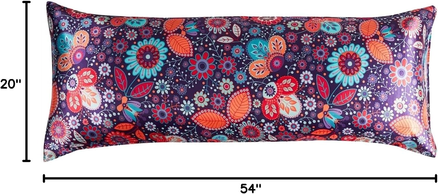 Lcbd Satin Body Pillow Case for Hair and Skin, Floral Printed Silk Satin Body Pillowcase Cover, 20x54 Body Cooling Pillow Cover with Envelo…