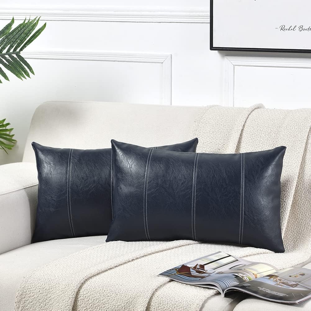 Fancy Homi Navy Blue Lumbar Waterproof Faux Leather Decorative Throw Pillow Covers 12x20 Inch for Outdoor Couch Bed, Modern Farmhouse…