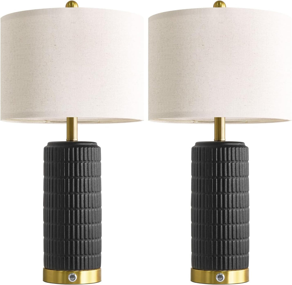 PoKat Ceramic Table Lamps Set of 2 for Living Room, 25'' Modern Touch Bedside Lamps for Bedroom with 2 USB Ports, Farmhouse Black…